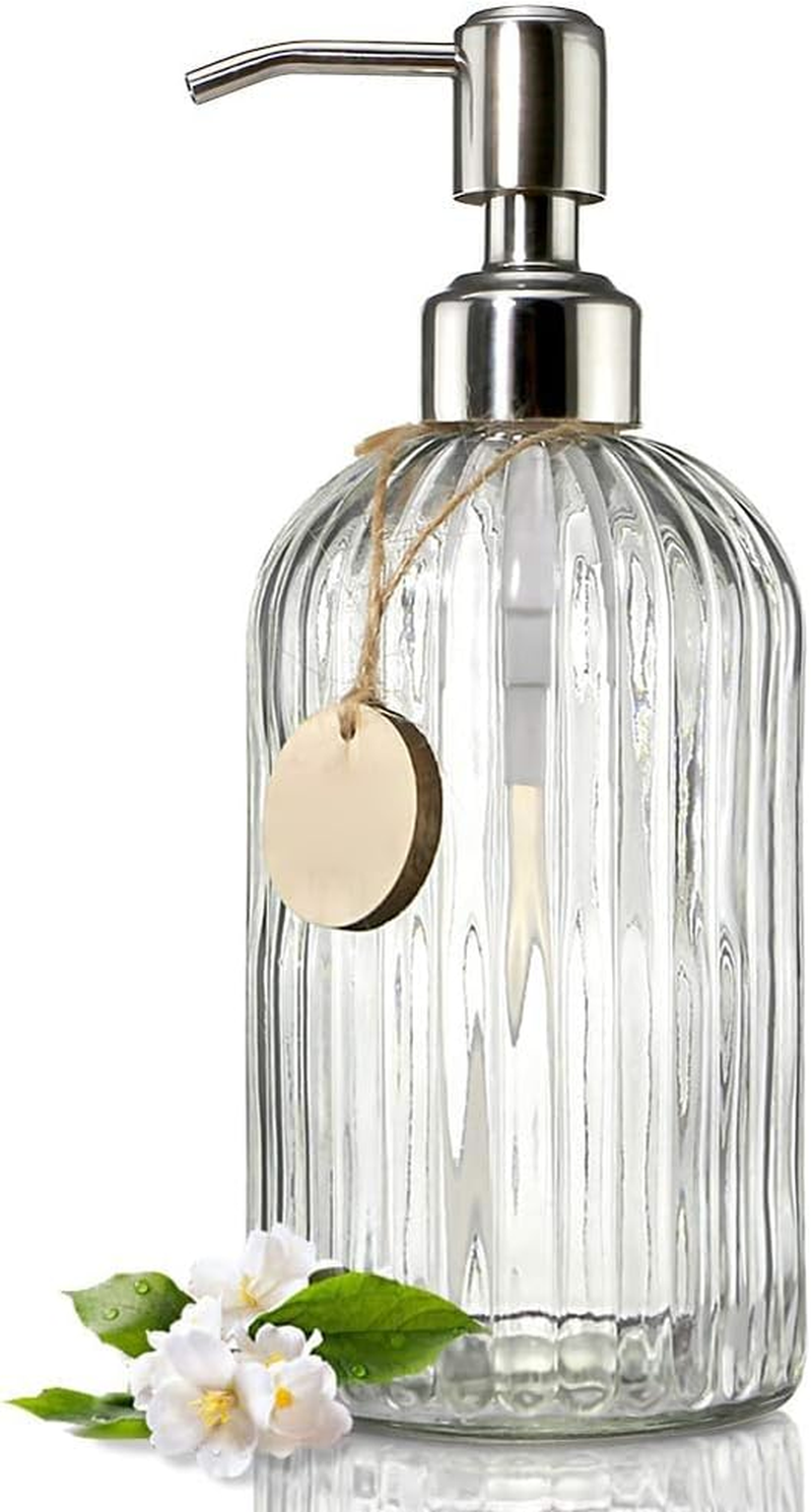 18 Oz Glass Soap Dispenser with Rust Proof Stainless Steel Pump, Refillable Hand Soap Dispenser with Vertical Stripe, Premium Bathroom Soap Dispenser for Kitchen & Bathroom. image number 3