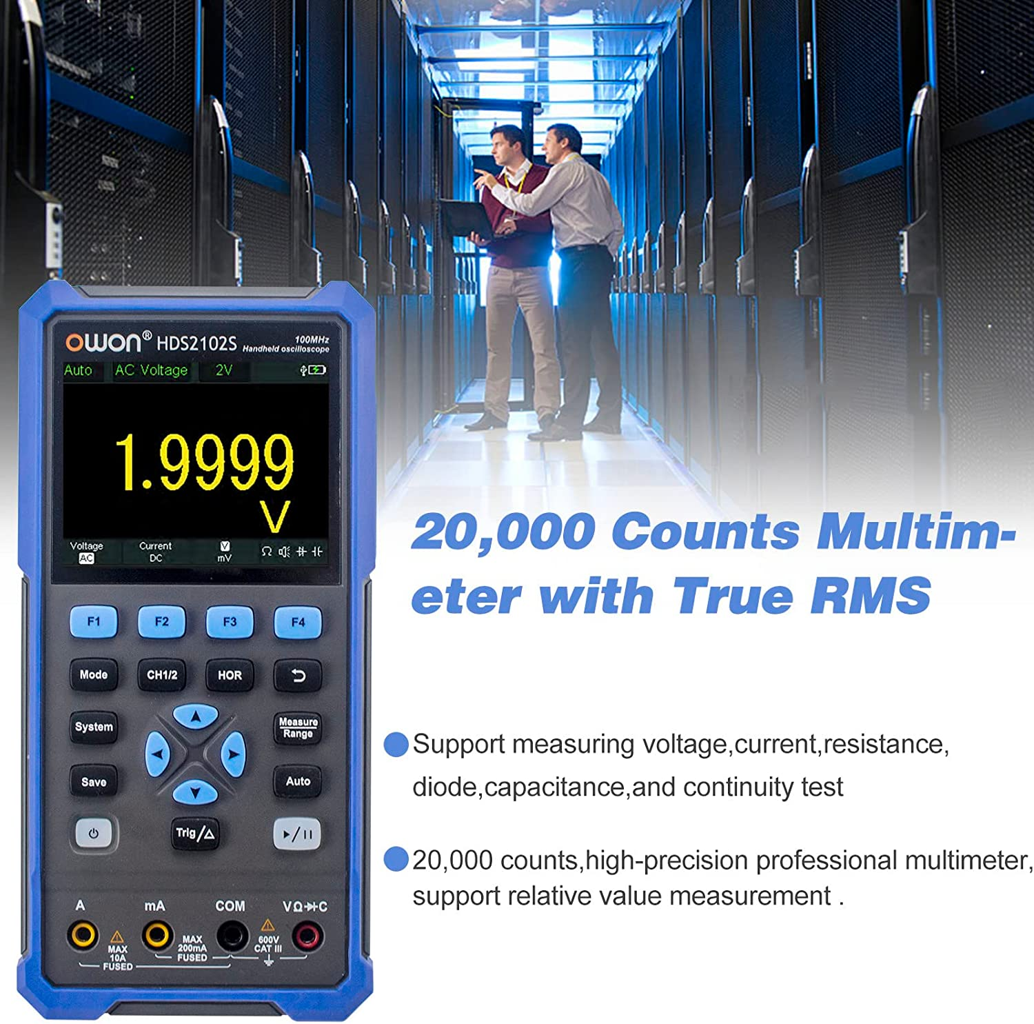 OWON HDS2102S 2CH Handheld Oscilloscope 100Mhz Bandwidth 20000 Counts Multiumeter OSC + DMM + Waveform Generator image number 2
