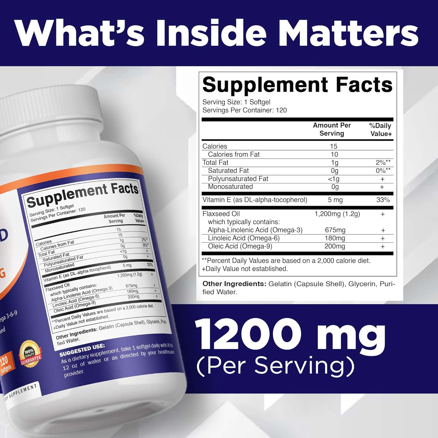 Vitamatic Flaxseed Oil 1200Mg 120 from Cold Pressed Flax Seed - 675 Mg of ALA Omega 3 Fatty Acids for Improving Heart Health image number 4