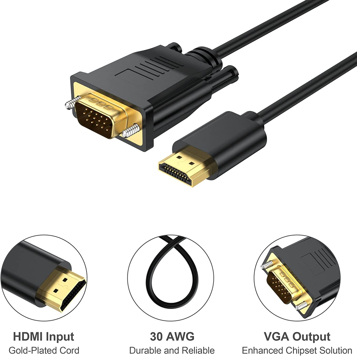 HDMI to VGA Cable 6 Feet, 1.8M HDMI to VGA (Male to Male) 1080P HD Video Cord Compatible for Computer, Desktop, Laptop, PC, Monitor, Projector, HDTV and More image number 3