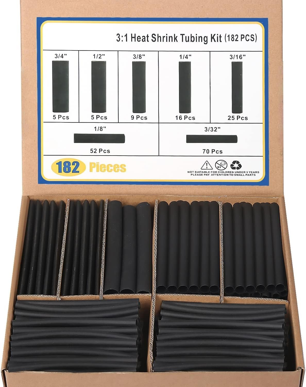 182 PCS Wire Heat Shrink Tubing Kit - Adhesive Lined, 3:1 Ratio, Waterproof - Insulation Tube, Marine Grade, Industrial Electrical Tube Cable Wrap, Black image number 6