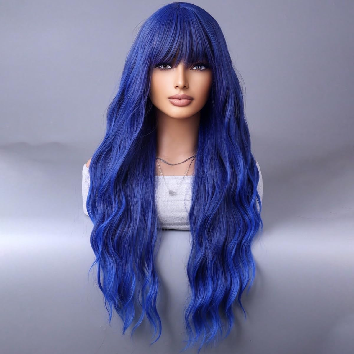 YEESHEDO Long Blue Hair Wigs Fringe for Women Girls Natural Curly Wavy Synthetic Colorful Wig for Festival Halloween Outfit Party Cosplay or Daily 28 Inches,Dark Blue
