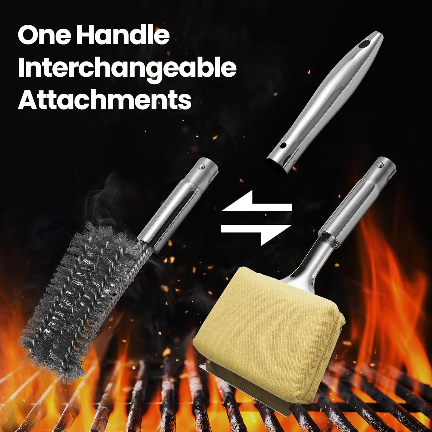 Stainless Steel BBQ Grill Brush Cleaning Kit - Interchangeable Wire Brush & Griddle Scraper with Fire-Resistant Sponge, Dishwasher Safe Grill Cleaner, BBQ Accessories, Griddle Cleaning Kit image number 2