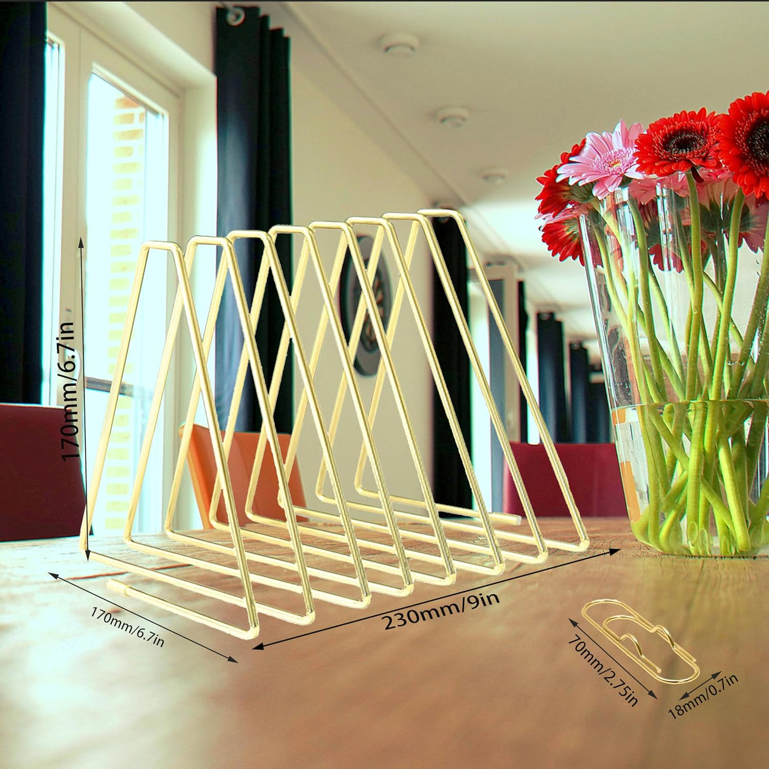 FEIQIAO Adjustable Telescopic Triangle Record Shelf Bookshelf, Wire Folder Organizer Sorter, Decorative Desktop Book Organizer Magazine Rack (Gold, 7 Grid) image number 2