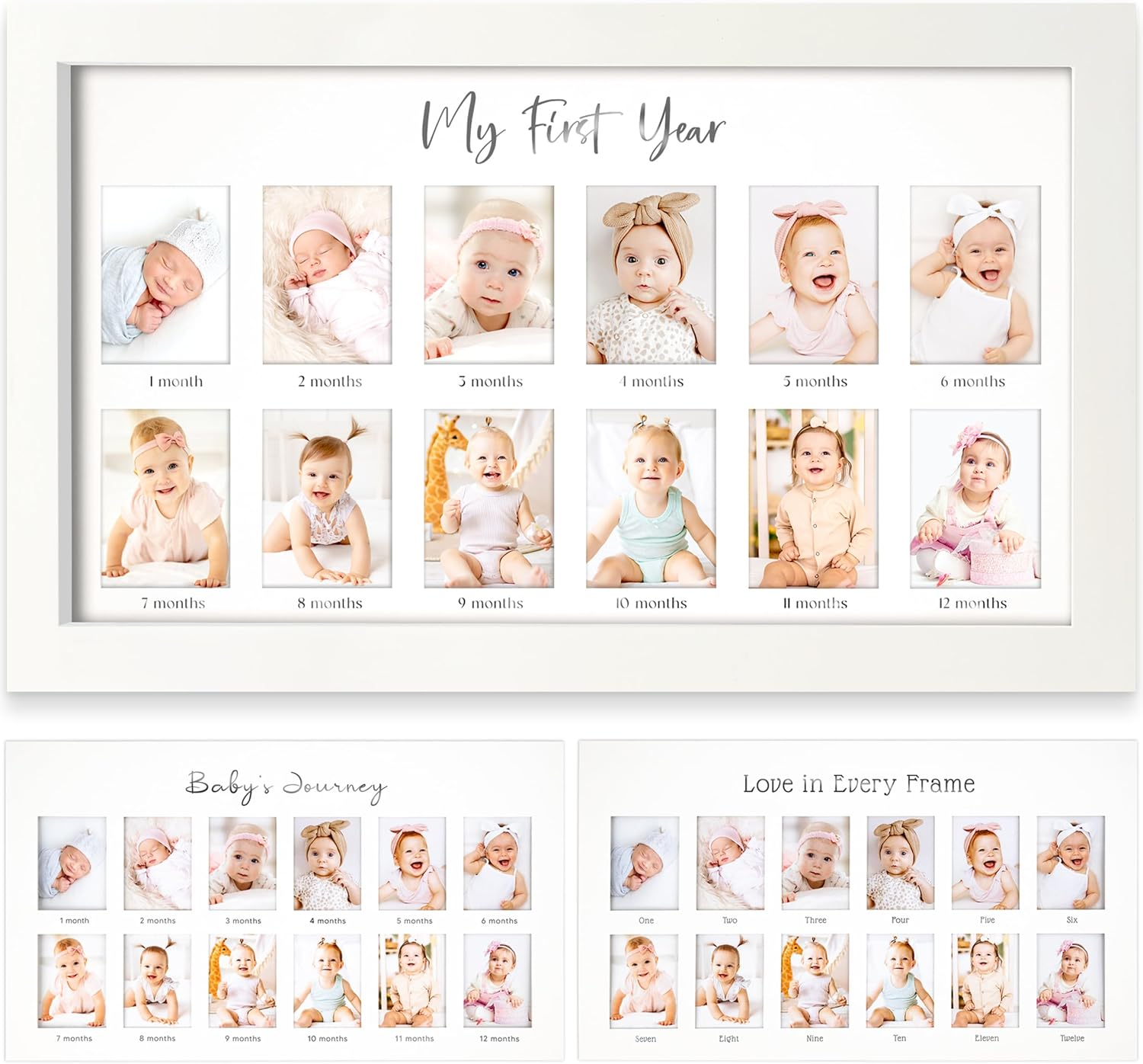 My First Year Photo Frame, 12 Months Baby Photo Frame for Newborn Girl, Boy, Baby Shower Gifts Keepsakes, Gender-Neutral Baby Milestone, 1St Nursery Decor Photo Collage Display Board (Alpine White)