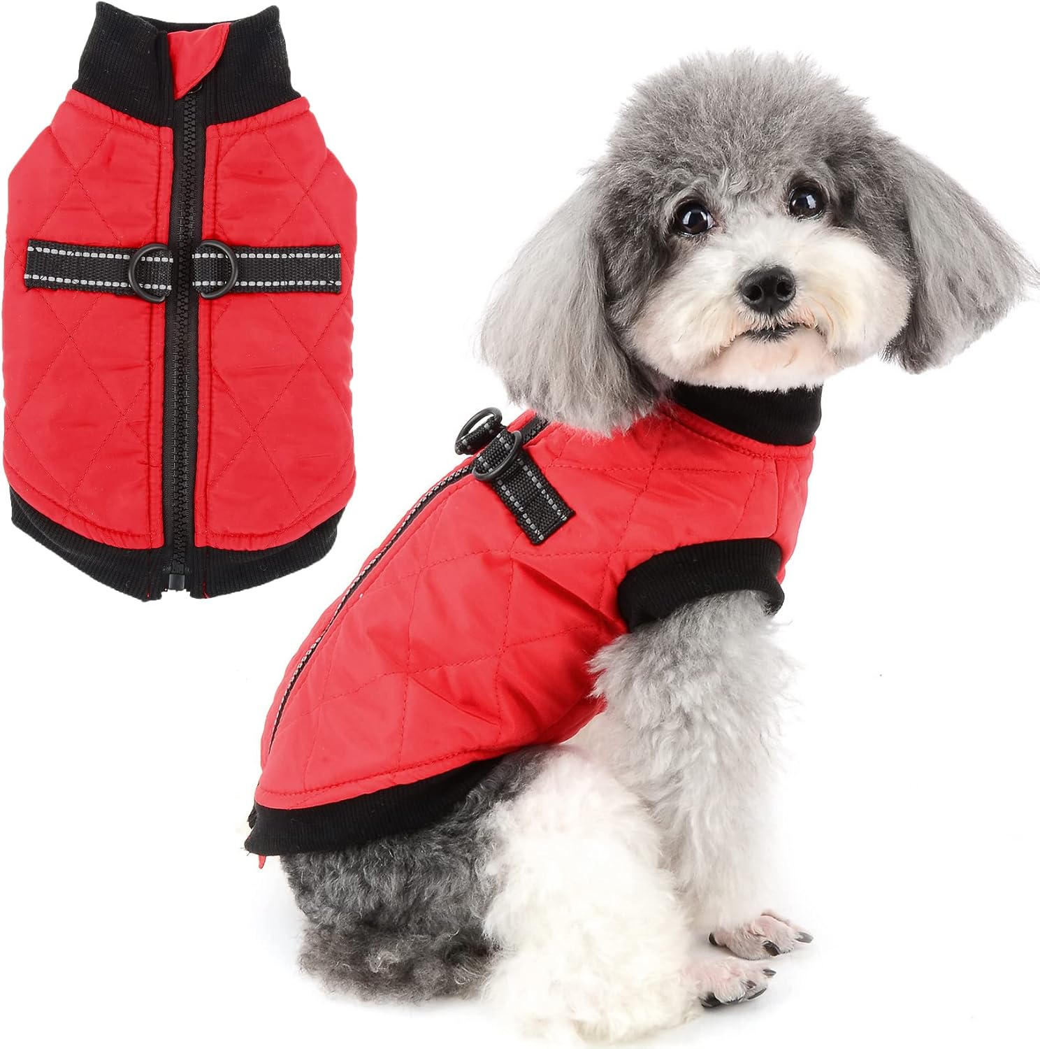 Zunea Small Dog Jacket with Harness Winter Coat Soft Warm Cotton Padded Puppy Harness Vest Clothes with Leash Rings Zipper Pet Clothing Cold Weather Outdoor Apparel for Chihuahua Doggy Girls Boys Red S image number 6