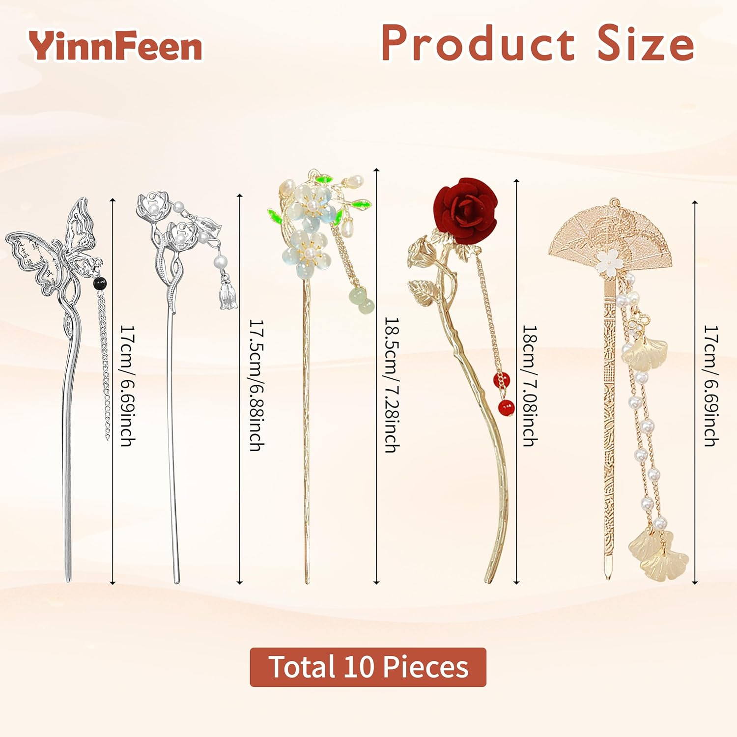 Yinnfeen 10 Pcs Chinese Hair Stick, Silver and Gold Vintage Hair Chopsticks, Retro Chinese Hanfu Hair Pin Flower Butterfly Dangle Tassel Hair Stick for Women Hair Styling Accessories image number 6