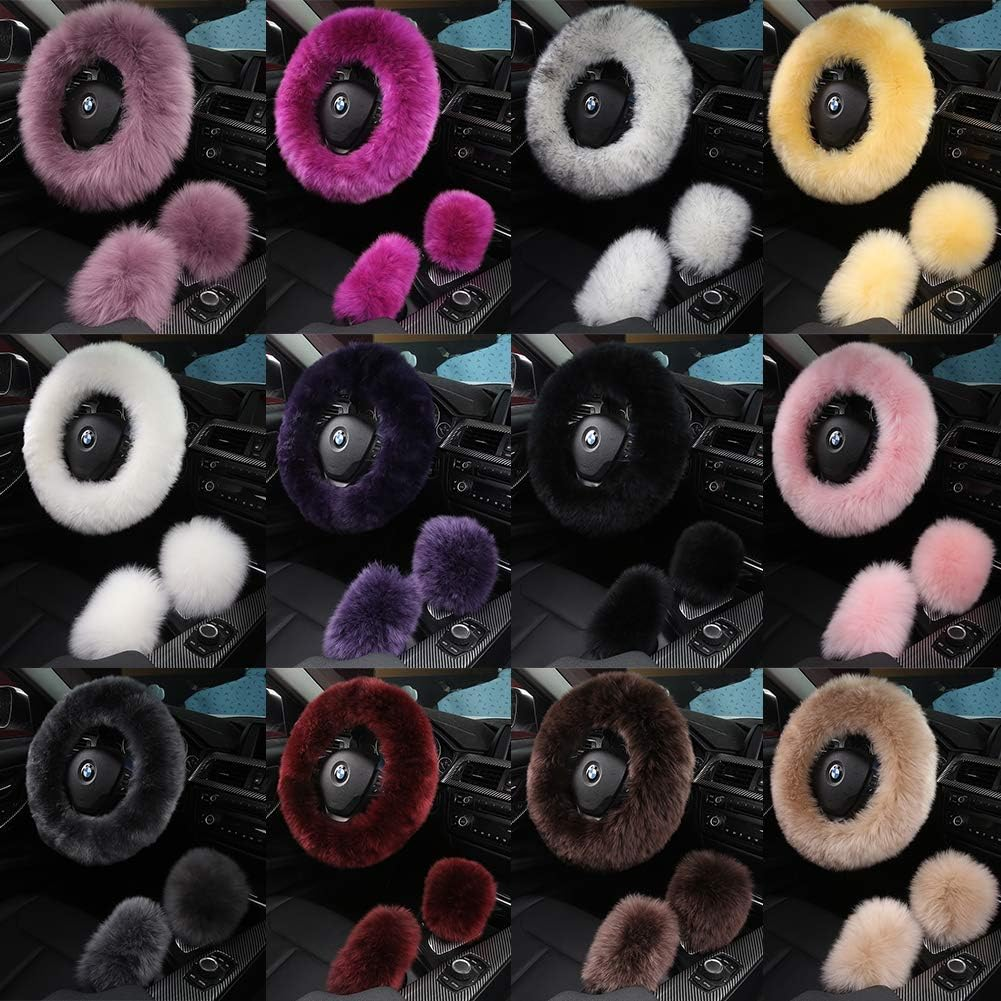 3Pcs Set Fashion Fluffy Fuzzy Wool Fur Soft Steering Wheel Cover with Handbrake Cover & Gear Shift Cover for Women/Girls/Ladies Car Decoration Long Wool Accessories (Black1)