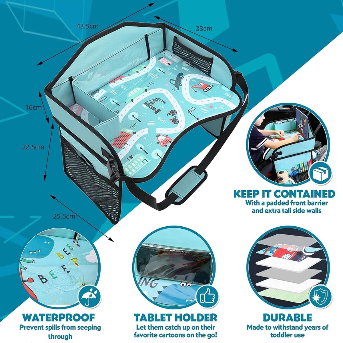 Cyanmor Kids Car Storage Travel Tray, Toddler Car Seat Tray Play Table Rack, Portable Multi-Functional Back Seat Accessory for Kids Traveling (Dark Blue) image number 3