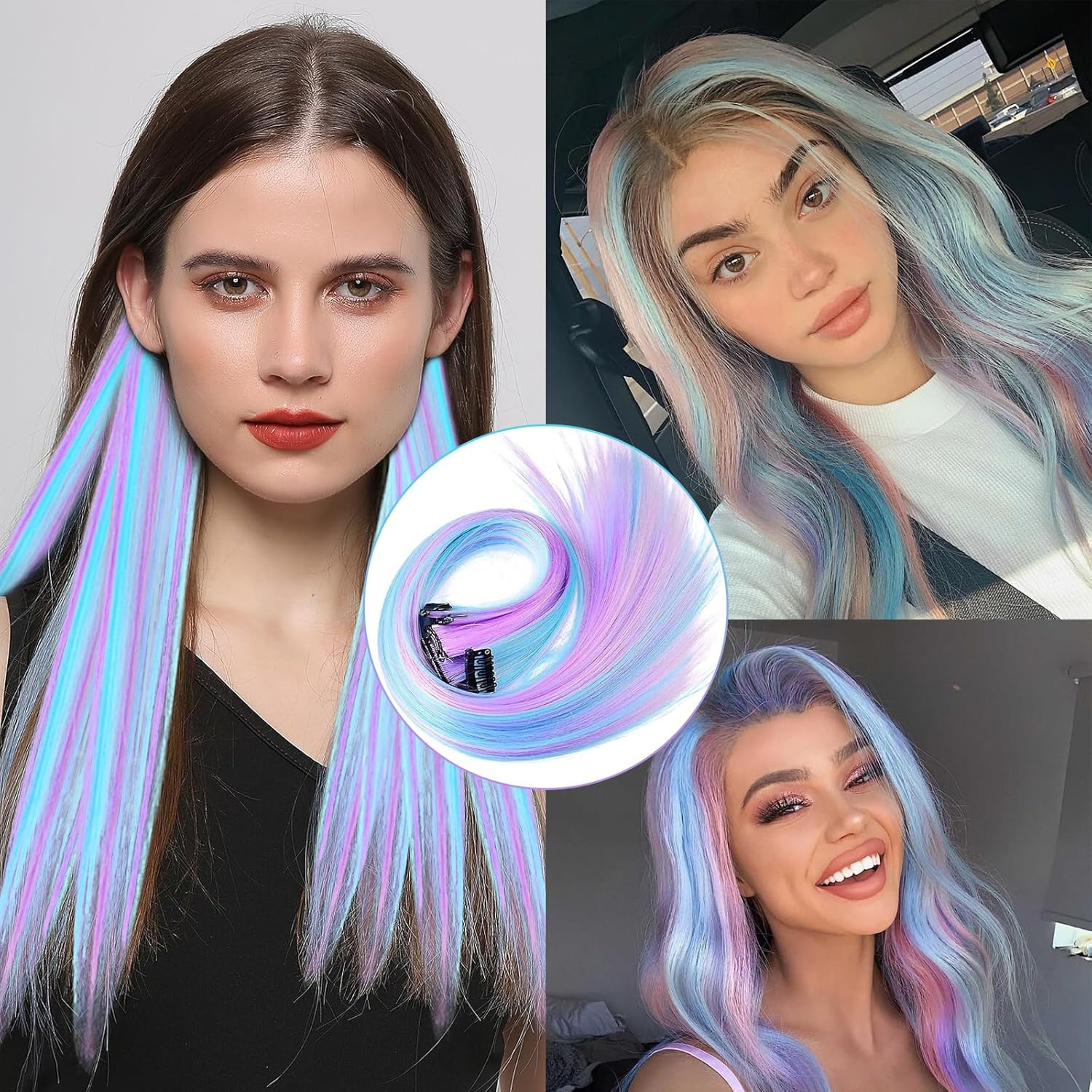 Healife Pack of 12 Clip-In Extensions, Hair Strands for Clip-In, Glitter Hair Bundles, Hairpiece with Clip Hair Extensions for Girls, Coloured Wire Hair Extensions, 9 Inch Clip-In Hair Bundles image number 5