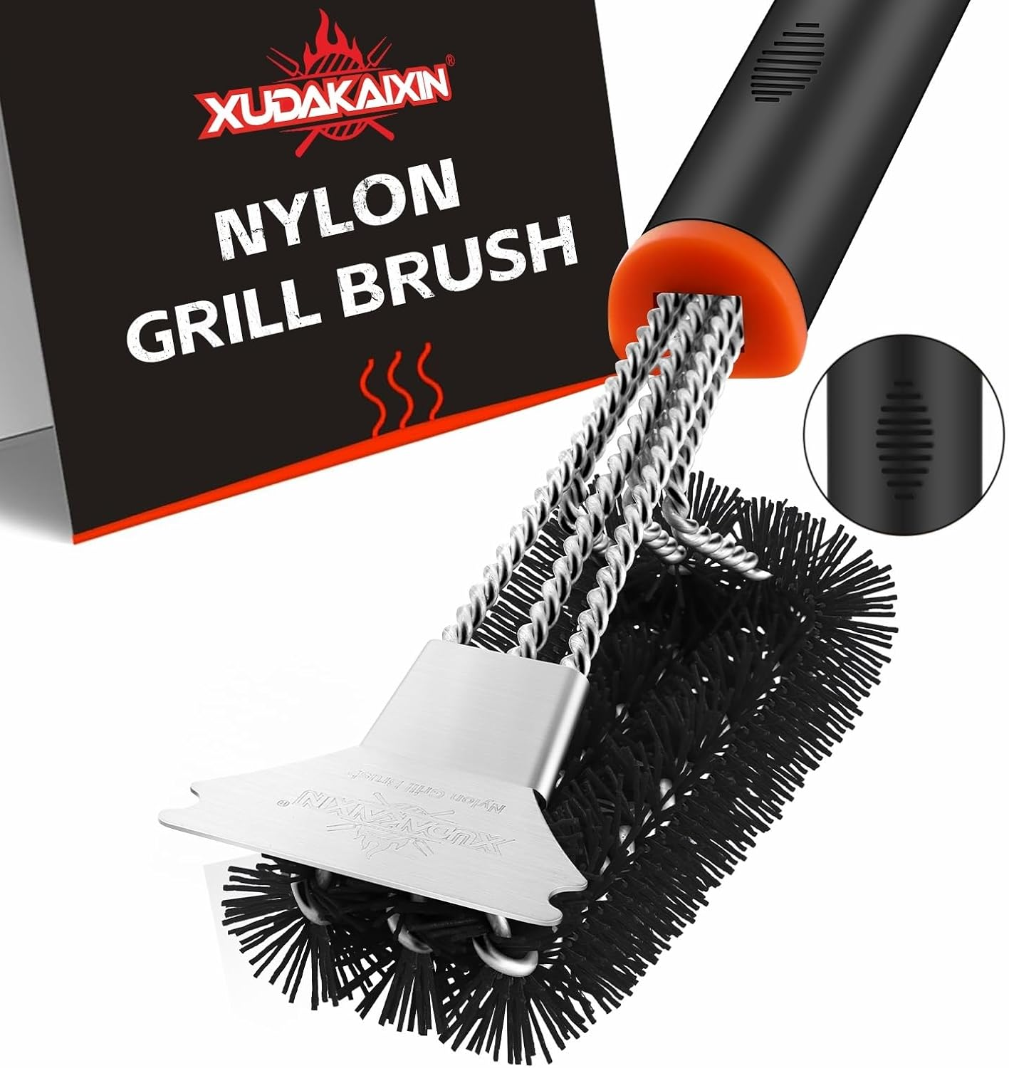 Grill Brush and Scraper, Safe Nylon Bristles Barbecue Triple Scrubbers Cleaning Brush for Cast Iron Grates/Porcelain/Weber Gas/Charcoal Grill，Extra Strong BBQ Cleaner Accessories (Red)