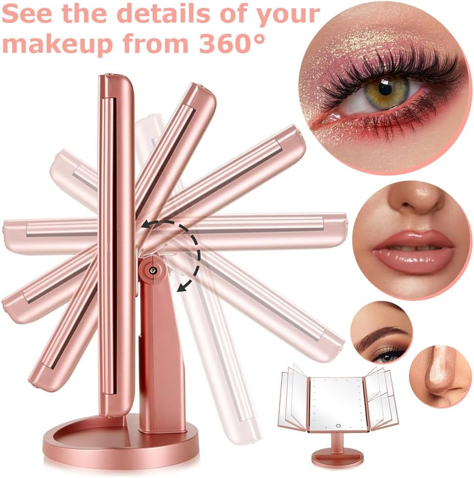 Makeup Mirror with Lights,Magnifying Beauty Looking Glass, Trifold Cosmetic Mirror,Countertop Vanity Looking Glasses,Portable High Definition Mirrors,With Touch Screen Dimming image number 5