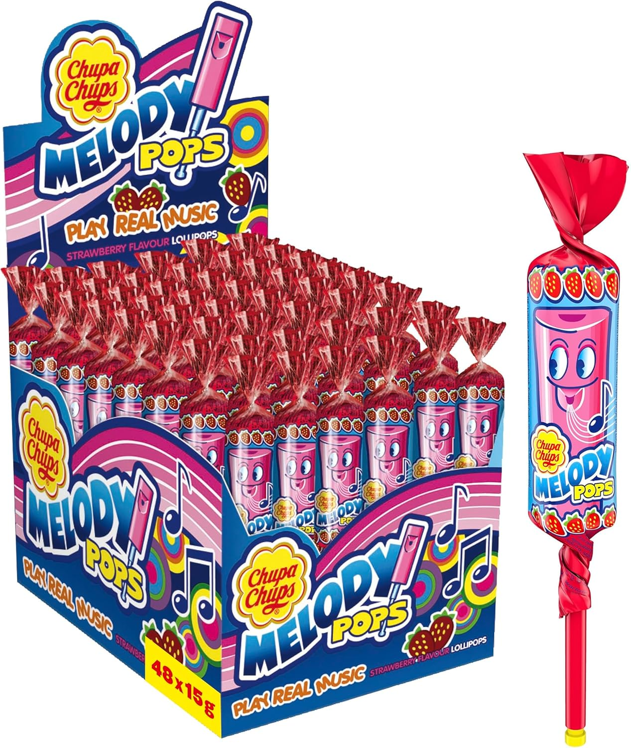 Chupa Chups Strawberry Melody Lollipops, 48 Lollipops, Unique Treat Ideal for Sharing and Parties, 48 X 15 G, Strawberry image number 3