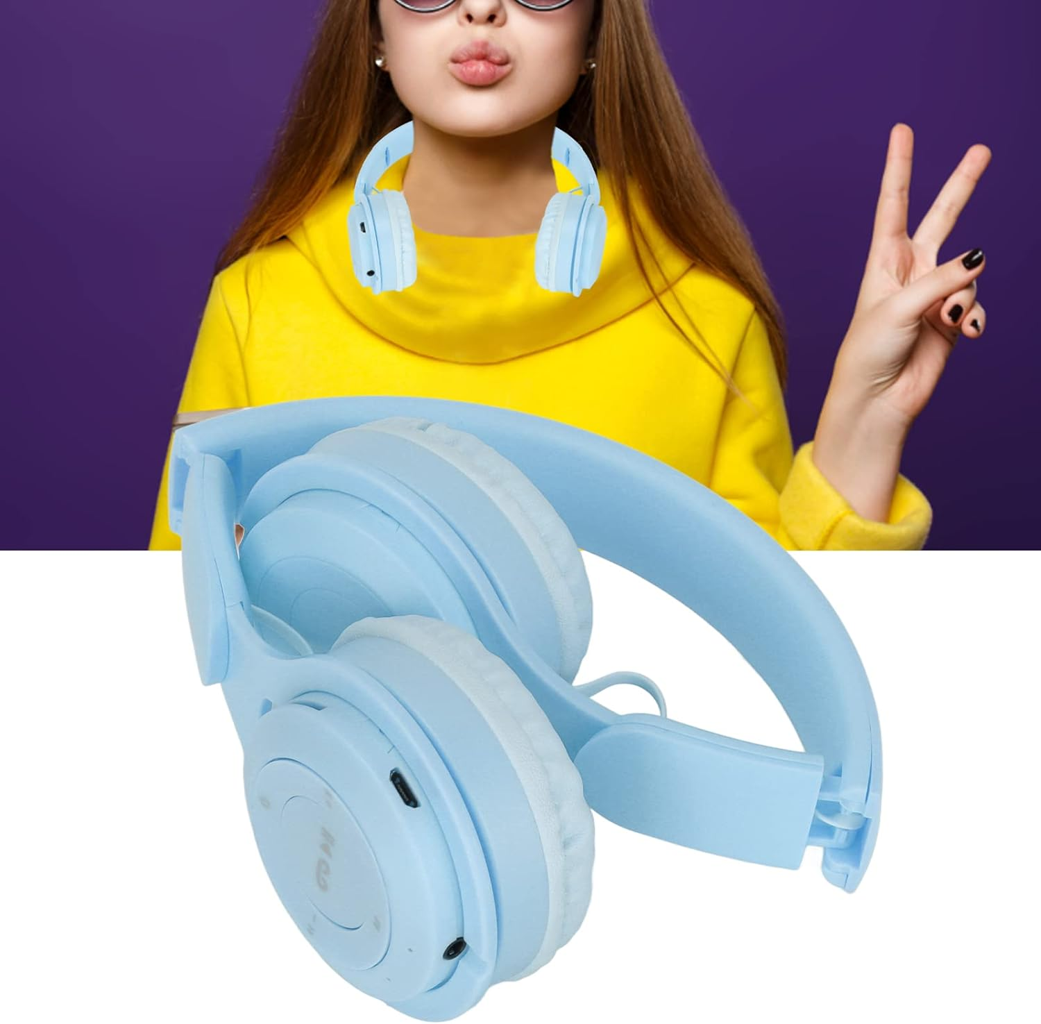 Annadue Wireless Headphones for Kids, Cute over Ear Bluetooth Headset with Deep Bass, Foldable Stereo Headset, Built in Mic, for Kids Girls Boys Adults (Blue) - Blue image number 3