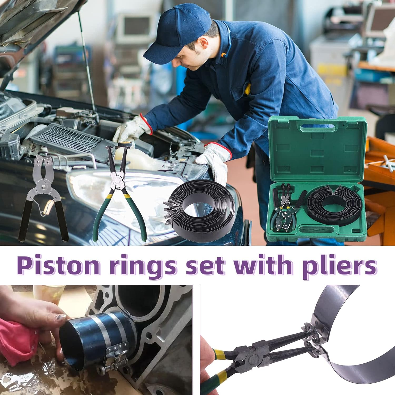 Swpeet 17Pcs Adjustable Black Piston Installer Pliers and Green Car Engine Piston Ring Compressor Pliers with 2.4" - 5.7" Piston Rings Kit with Carrying Box for Car Truck Auto Engine image number 4