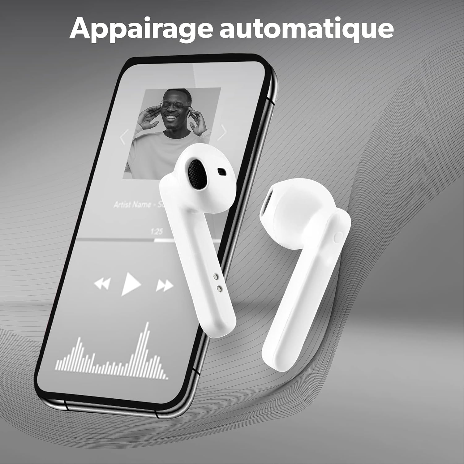 T'Nb Bluetooth Headphones 5.0, TWS Wireless Half In-Ear Headphones with Built-In Microphone, Battery Life up to 19 Hours of Listening Time, Touch Control of Music and Calls, Shiny - White image number 4