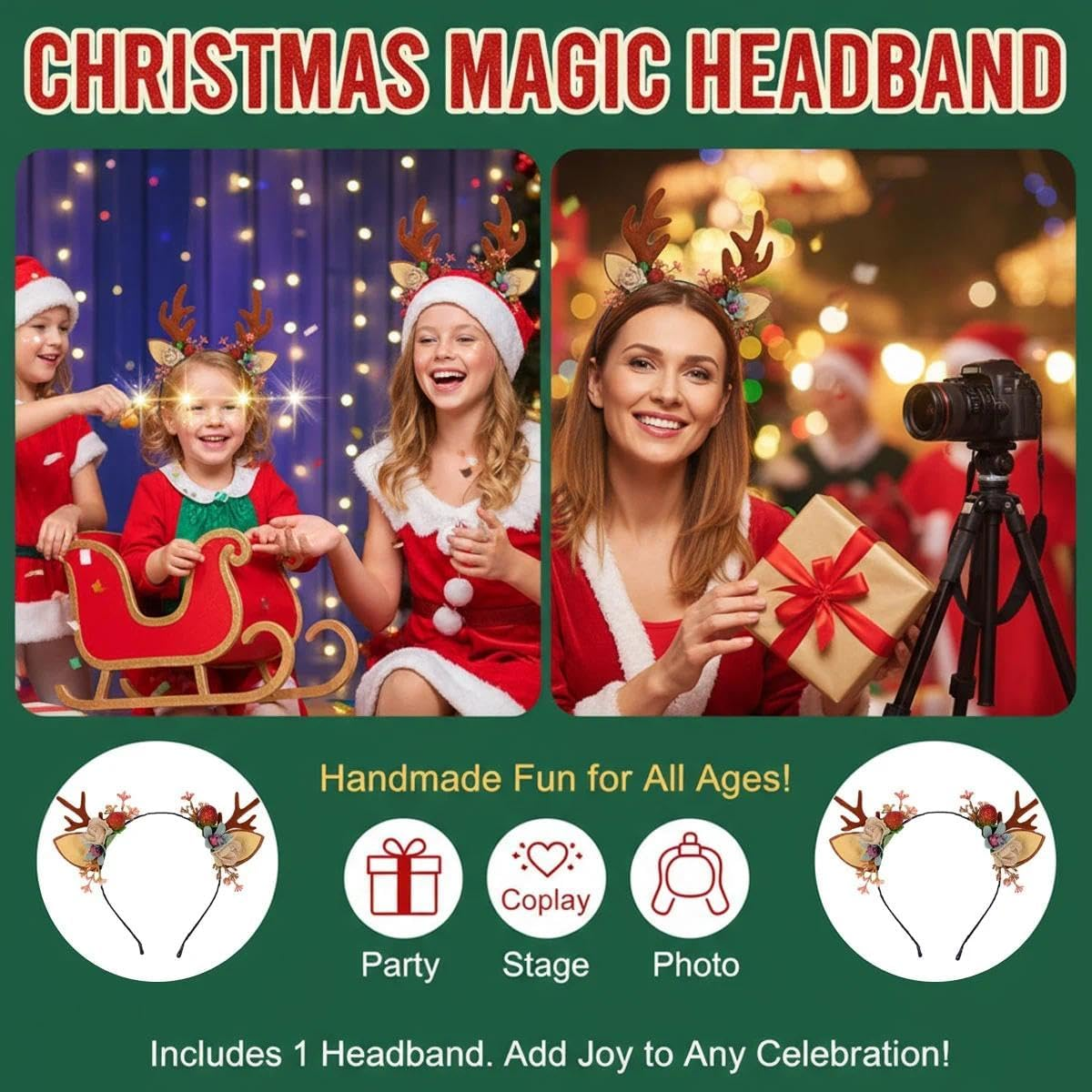 Unron Christmas Reindeer Antler Headband Xmas Flower Antler Ears Hair Band for Women Girls image number 3