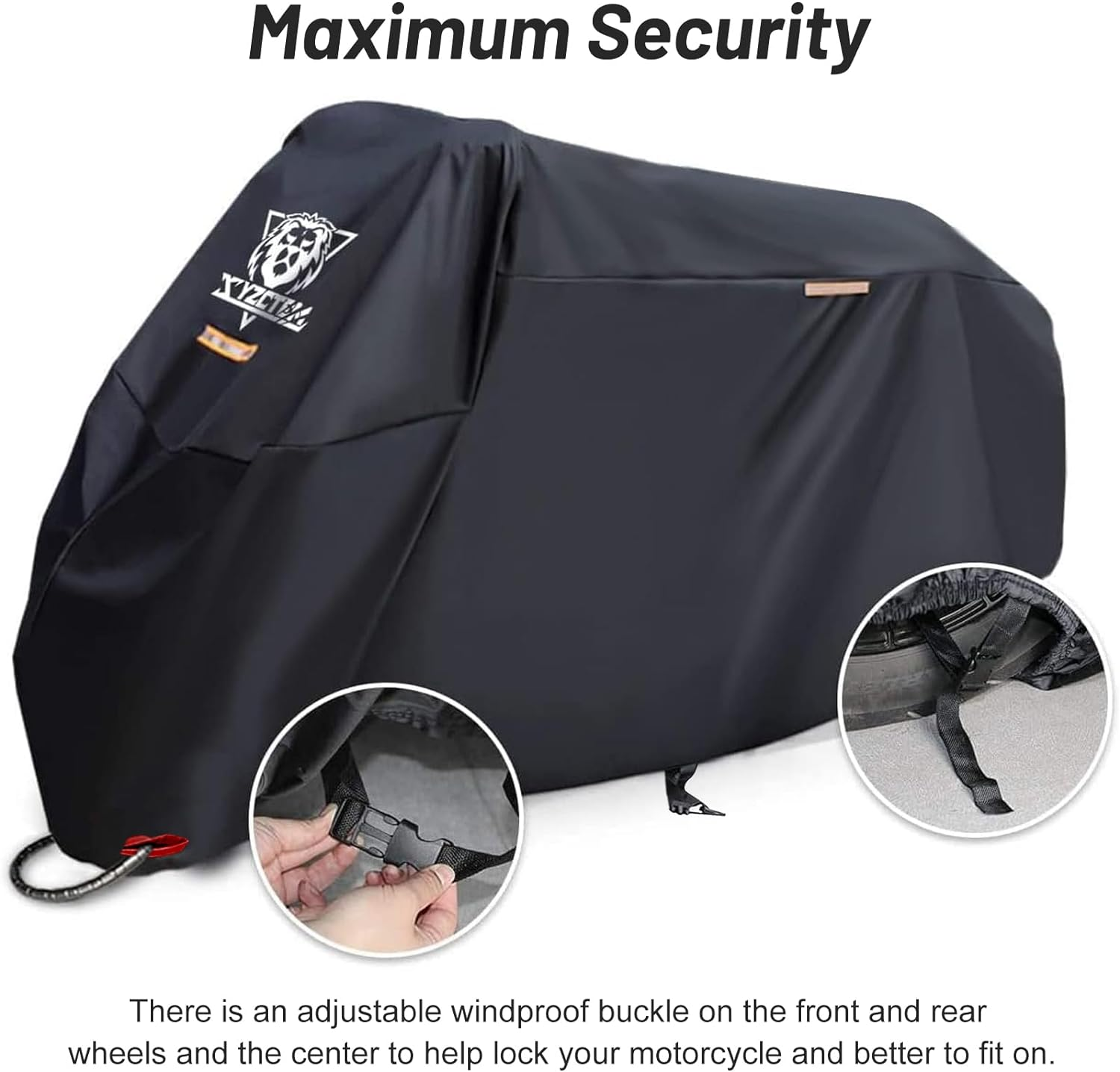 XYZCTEM Motorcycle Cover -Waterproof Outdoor Storage Bag,Made of Heavy Duty Material Fits up to 91 Inch, Compatible with Harley Davison and All Motors(Black& Lockholes& Professional Windproof Strap) image number 4