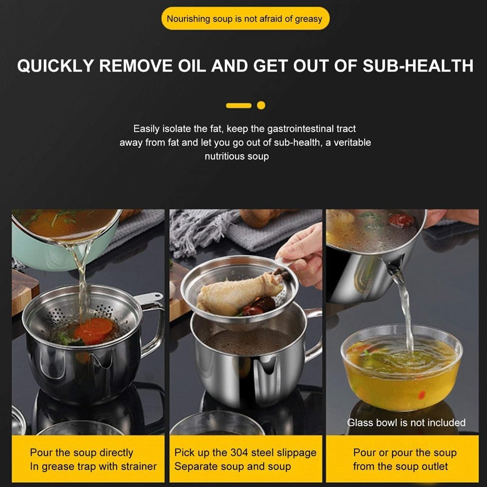 Aribrnten Stainless Steel Fat Separator 1L/4 Cup, Grease Separator with Strainer and Glass Lid, Soup Oil Separator Cup image number 6