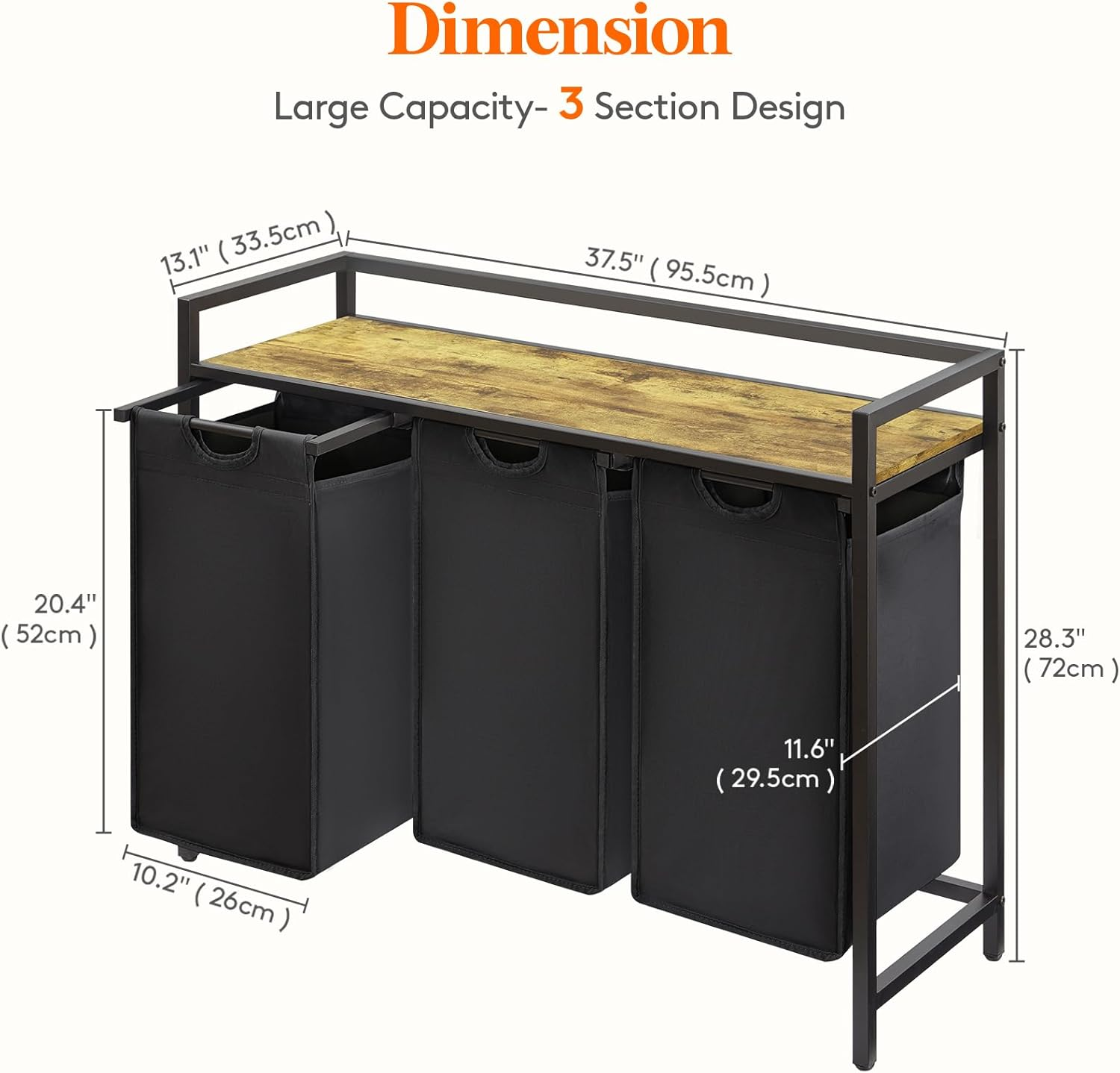 Lifewit Laundry Basket, 120L 3 Section Pull Out Laundry Clothes Hamper with Large Top Shelf and 3 Removable Bags and Handles, Laundry Sorter for Laundry Room Bedroom Bathroom and Dorm, Black image number 5