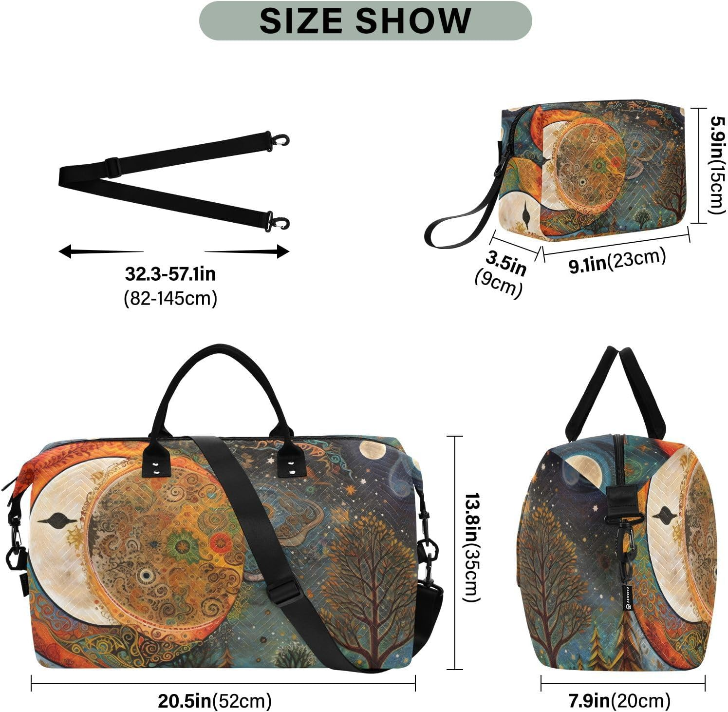 XYMZR Large Travel Duffel Bag, Sun Moon Dreamcatcher Sports Tote Gym Bag, Shoulder Weekender Overnight Bag for Women Men, Carry on Luggage with Toiletry Bags, Multi-Colored, Multi-Colored image number 6