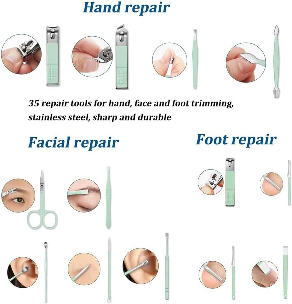 Manicure Pedicure Kit 35 in 1 Stainless Steel Nail Clippers Travel Essentials Portable Nail Care Set with Zippered Case（Green） image number 3