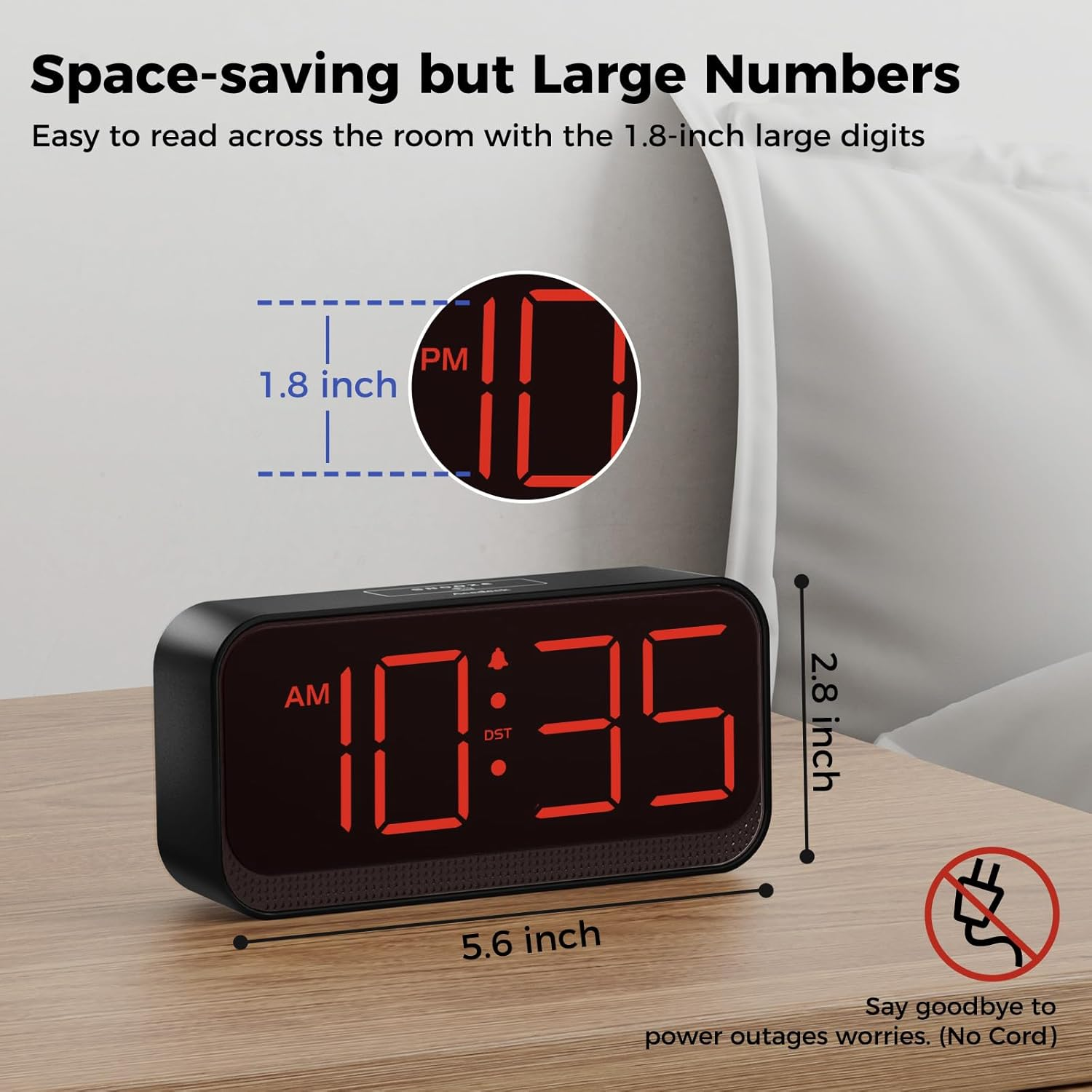 Acedeck Battery Operated Digital Clock: Cordless Small Alarm Clock for Bedroom Travel - Large Numbers 4 Dimmers for All Ages Red Digits