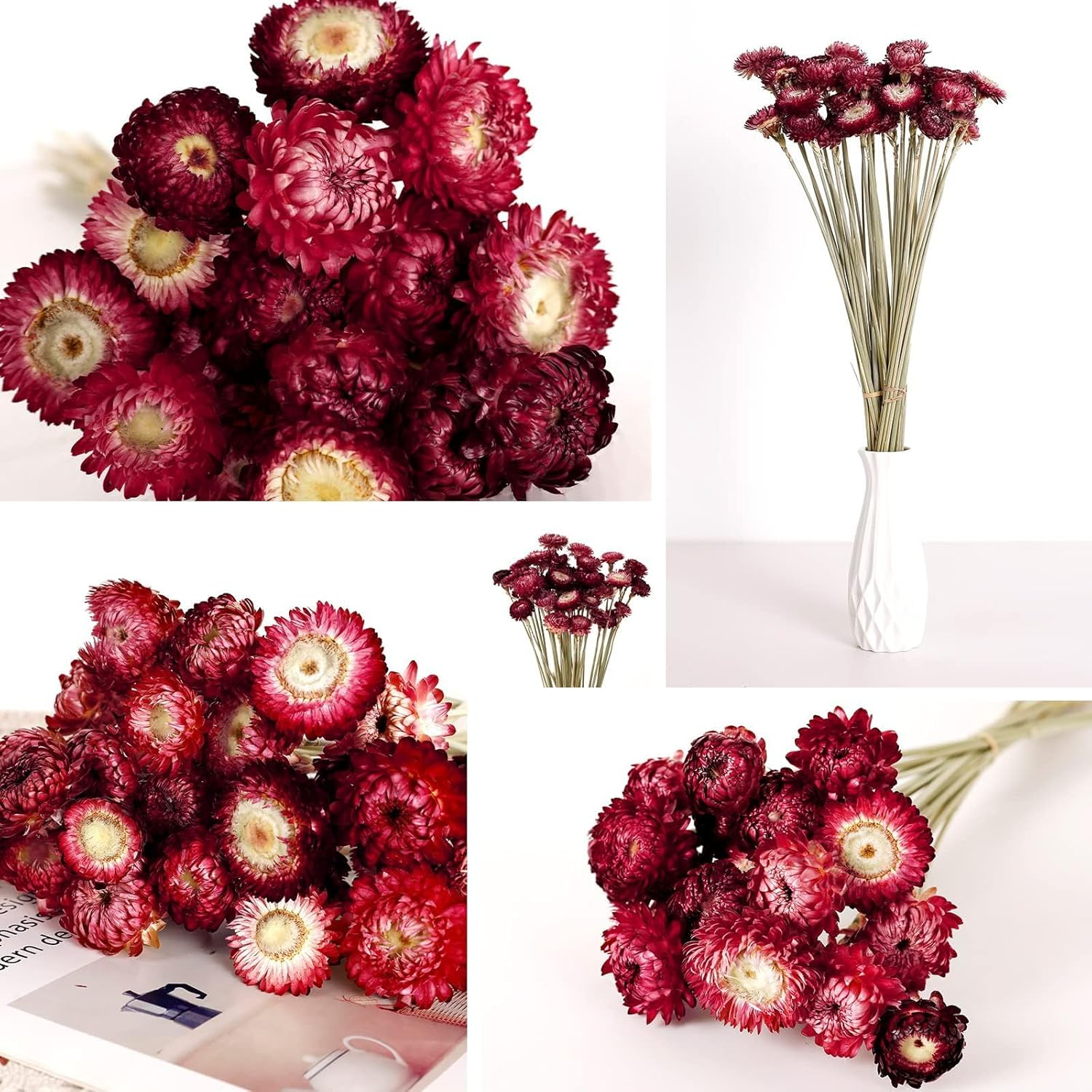 MIHUAGE Dried Flower 40PCS Daisy Bouquet 100% Natural Chrysanthemum Dry Flower with Stem for Vase Home D&eacute;cor Party DIY Arrangement Wheat Straw Bulk (Burgundy) image number 1