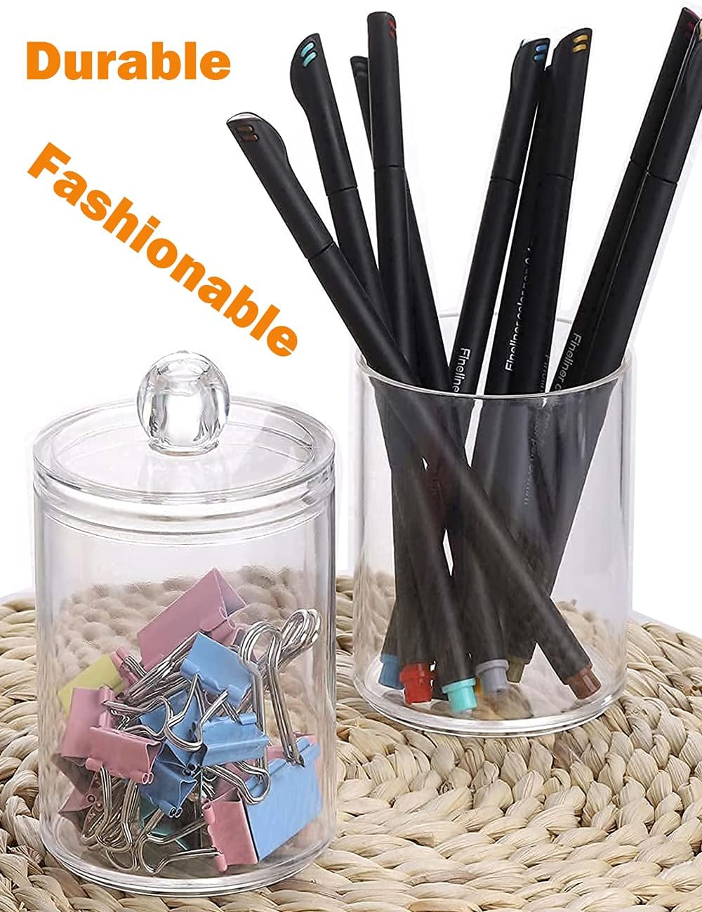 3 Pack Qtip Dispenser Holder Jars, Bathroom Vanity round Storage Organizer Canister, Clear Acrylic Container Box for Cotton Balls Rounds Makeup Sponges Bath Salts Tooth Floss Picks (Style 1, Clear)