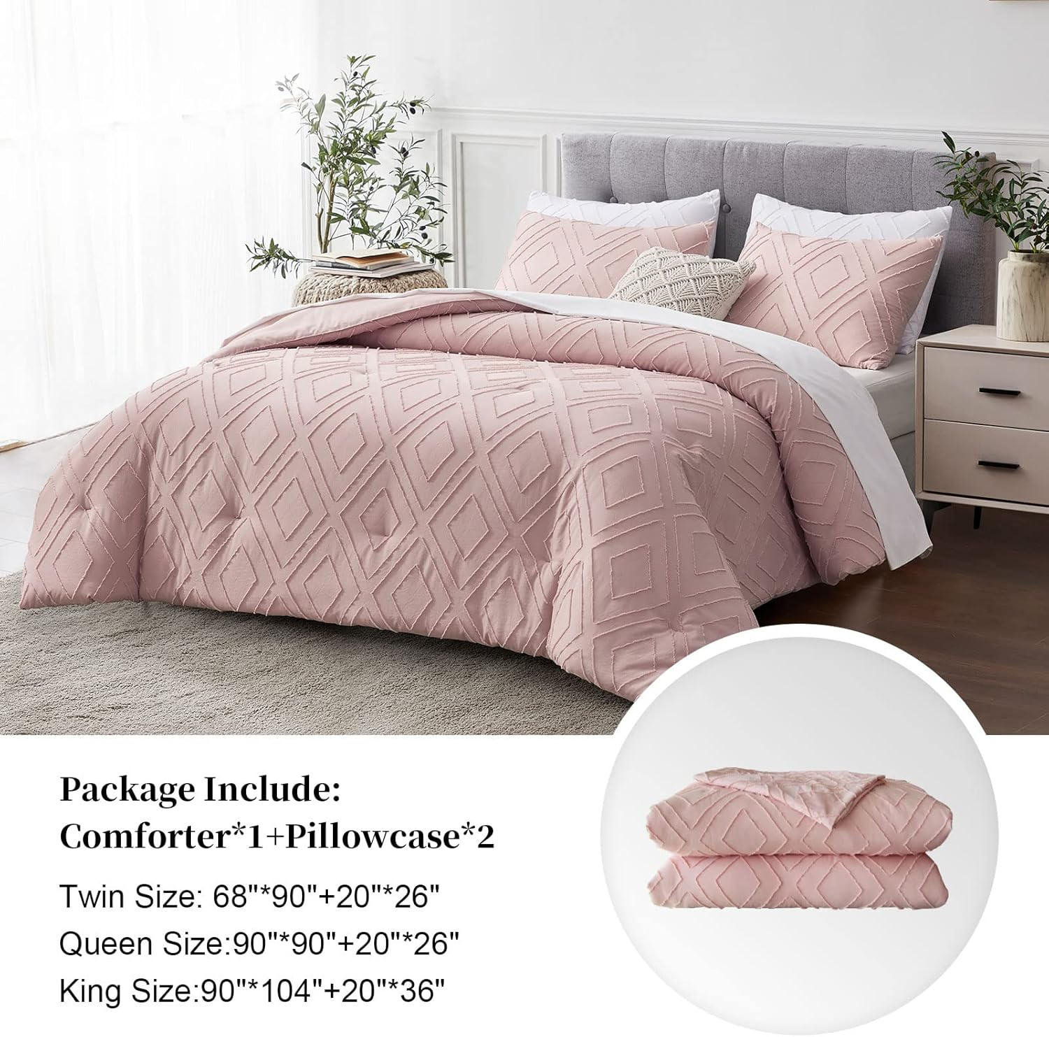 Boho Queen Comforter Set,Blush Pink Rhombus Tufted Queen Size Comforter Set with Corner Loops,3 Pieces Embroidery Shabby Chic Bedding Comforter Sets for All Seasons(Blush Pink,Queen)