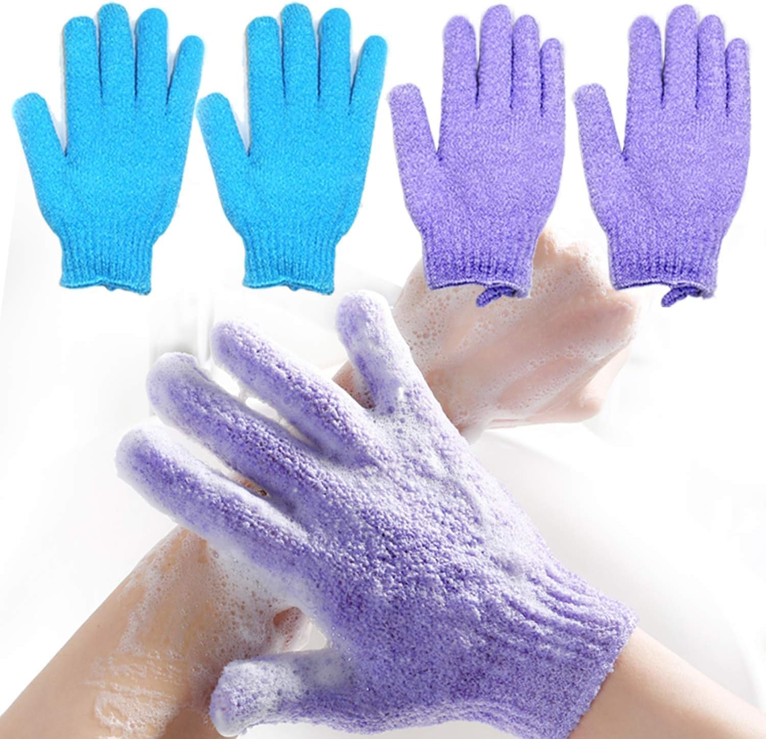 Exfoliating Bath Loofah Gloves, Body Scrub Wash Mitts, Skin Massage Sponge, Dead Skin Brush, Luxury Spa Loofah - 2 Pairs (Blue&Lilac) image number 5