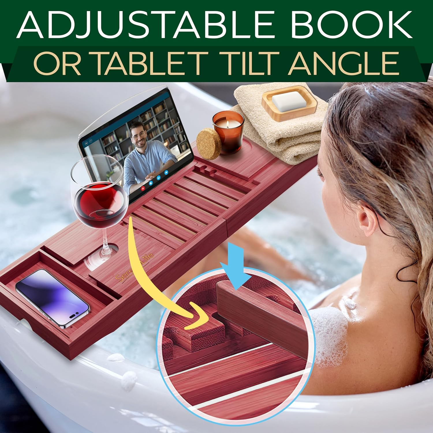 Serenelife Bamboo Bathtub Caddy with Luxury Gift Box and Red Gifting Ribbon Extendable & Adjustable Tray with Device/Book Holder with Removable Trays for Bath Accessories (Stain Brown)