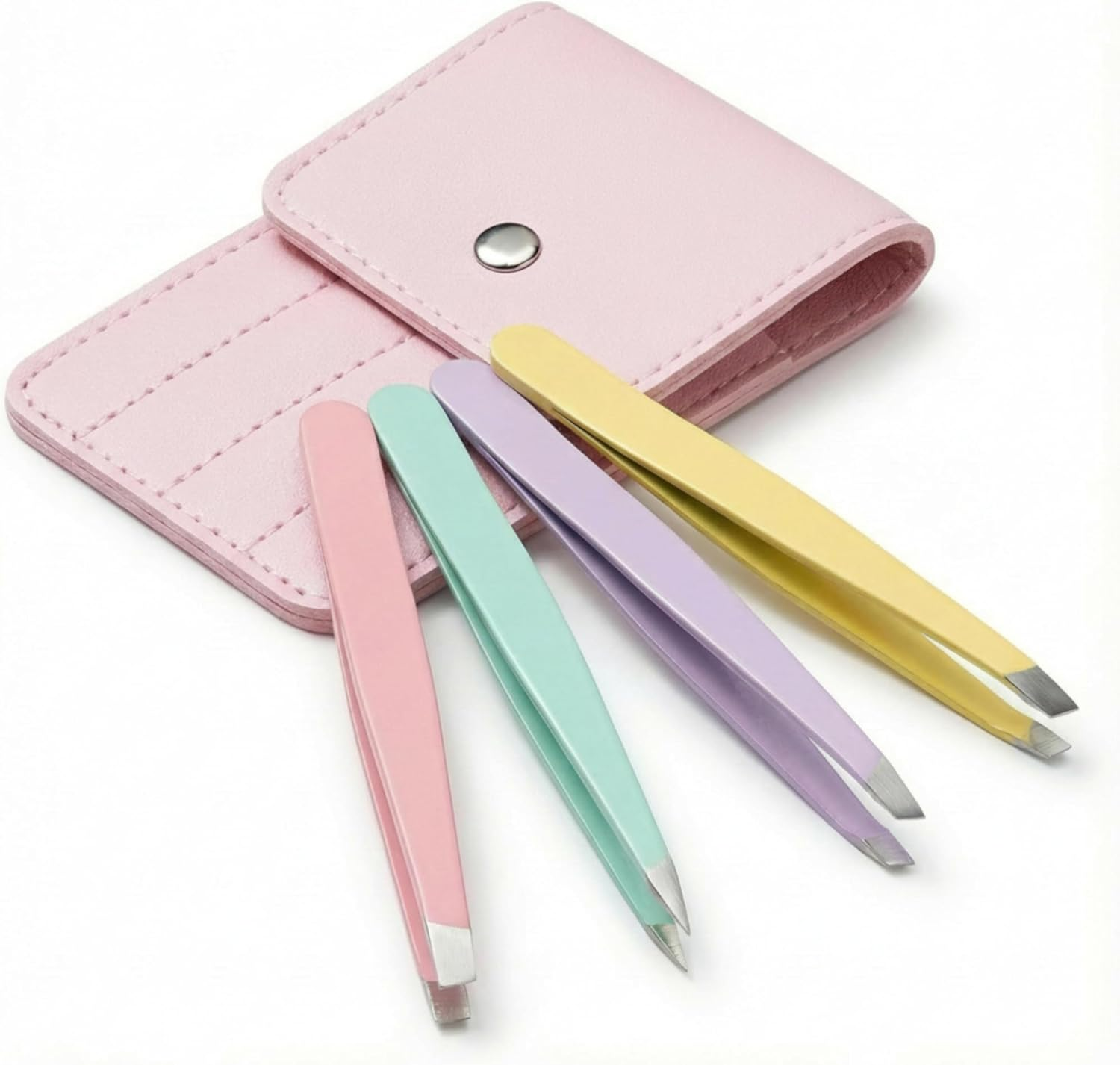 MIJOMA Tweezers Set of 4 - Stainless Steel Pastel Tweezers with PU Case - Assorted Tip Shapes for Precision & Cosmetics - Ideal for Eyebrows & Grooming image number 5