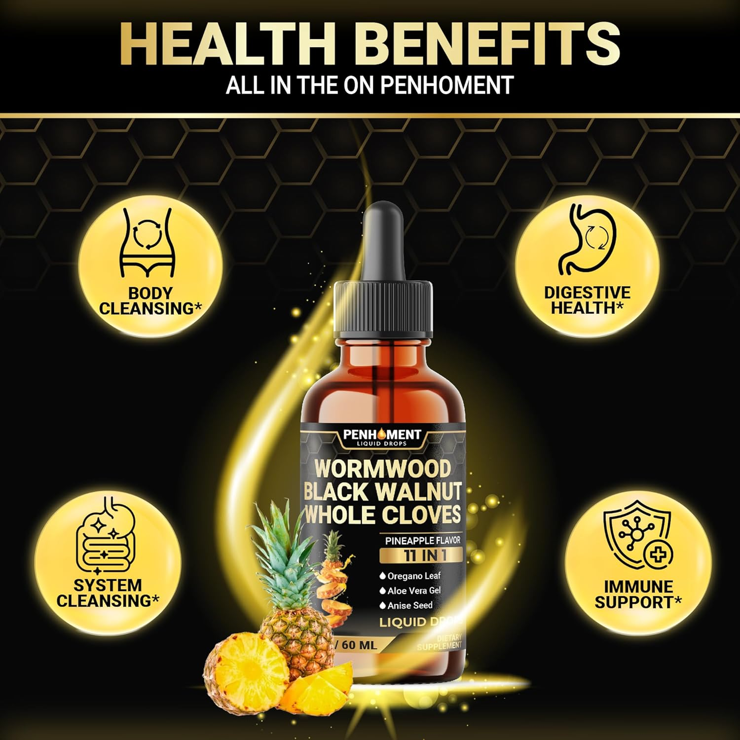 11In1 Liquid Wormwood Drops with Black Walnut, Whole Cloves, Oregano & 7 More - Pineapple Flavor - 2 FL OZ - 60 Days Supply image number 1
