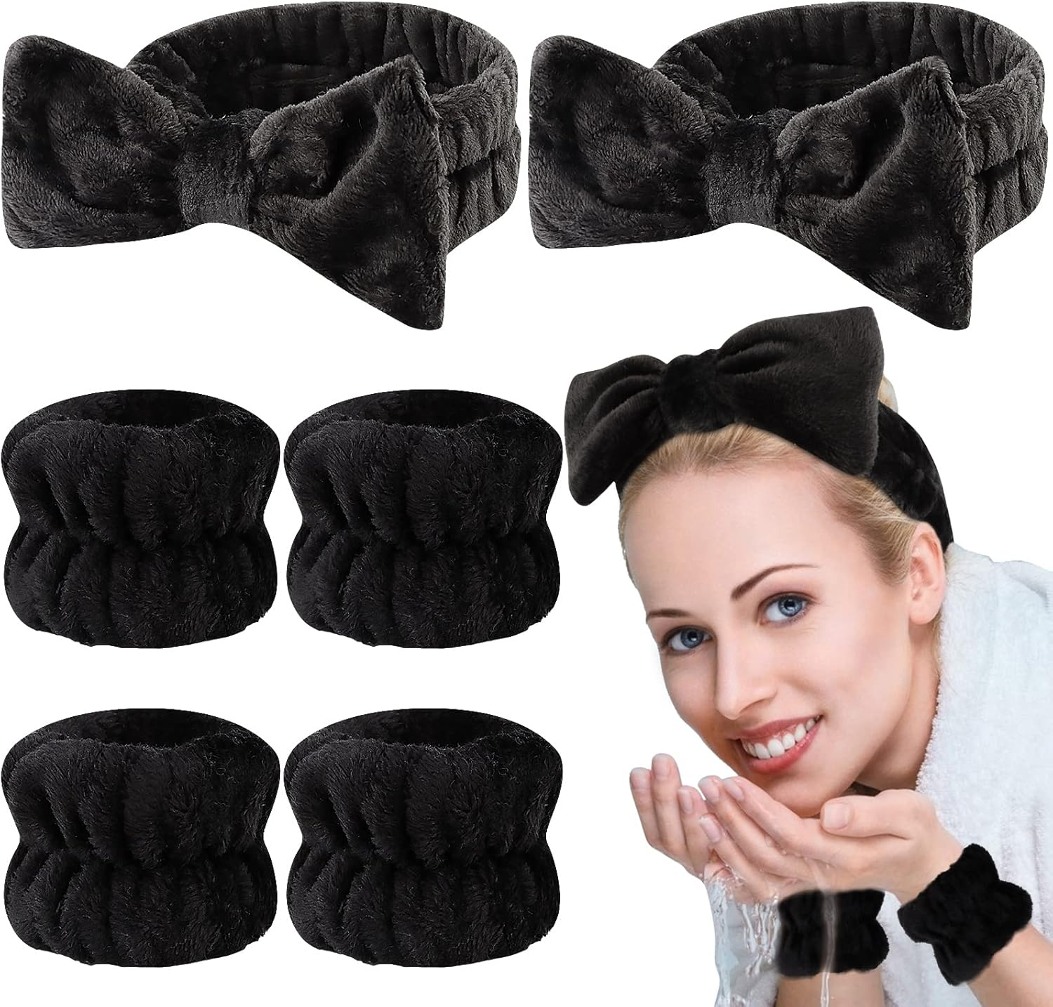 Casoty 6 Pcs Black Microfiber Hairband Set Soft Coral Fleece Material, Good Elasticity, Wide Application for Makeup Headband, Yoga, Reading, Work, Halloween Costume, Pajama Parties