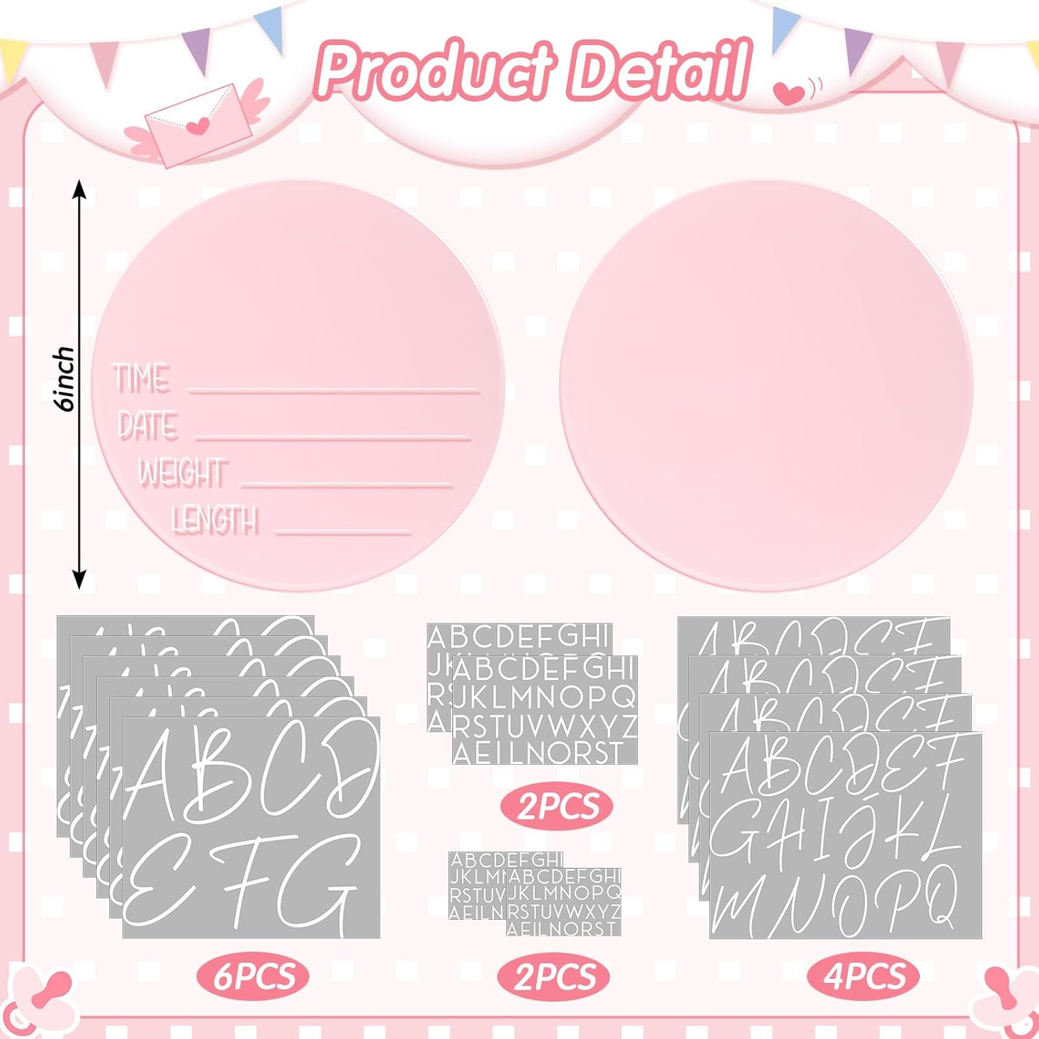 Geelin 2 Pcs 6 Inch Pink Newborn Announcement Sign for Hospital Acrylic Birth Announcement Sign Baby Name Milestone Plaques DIY with 14 Sheets Alphabet Transfer Stickers for Photo Props Baby Shower image number 5