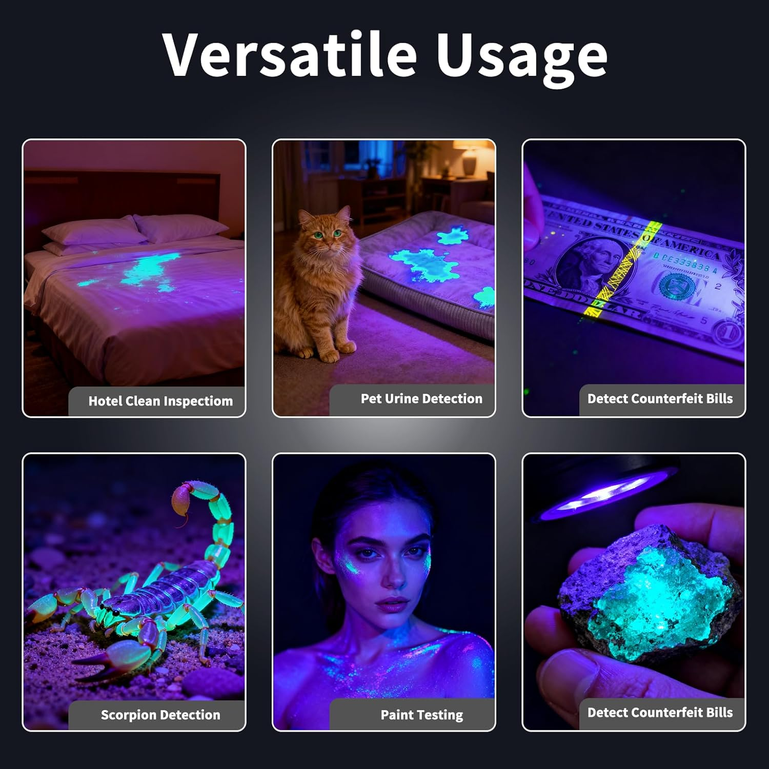 Kunhe 5 Pack Rechargeable UV LED Flashlight Featuring 395Nm Wavelength 3W Power Aluminum Alloy Construction IPX4 Water Resistance Detachable Double-Sided Clip and Compact Design image number 3