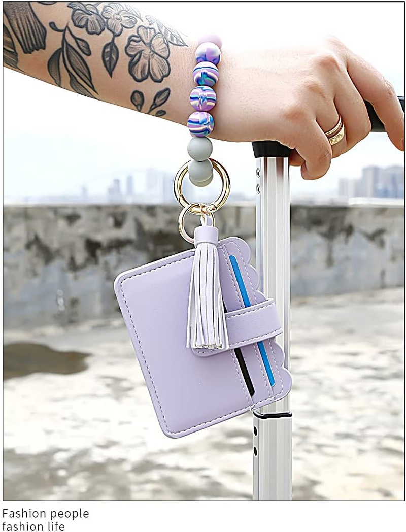 Silicone Beaded Bracelet Leather Keychain Wallet ID Card Holder Keyring Wristlet Bracelet Key Ring Chain Tassel Purse Women Girls Light Purple image number 2