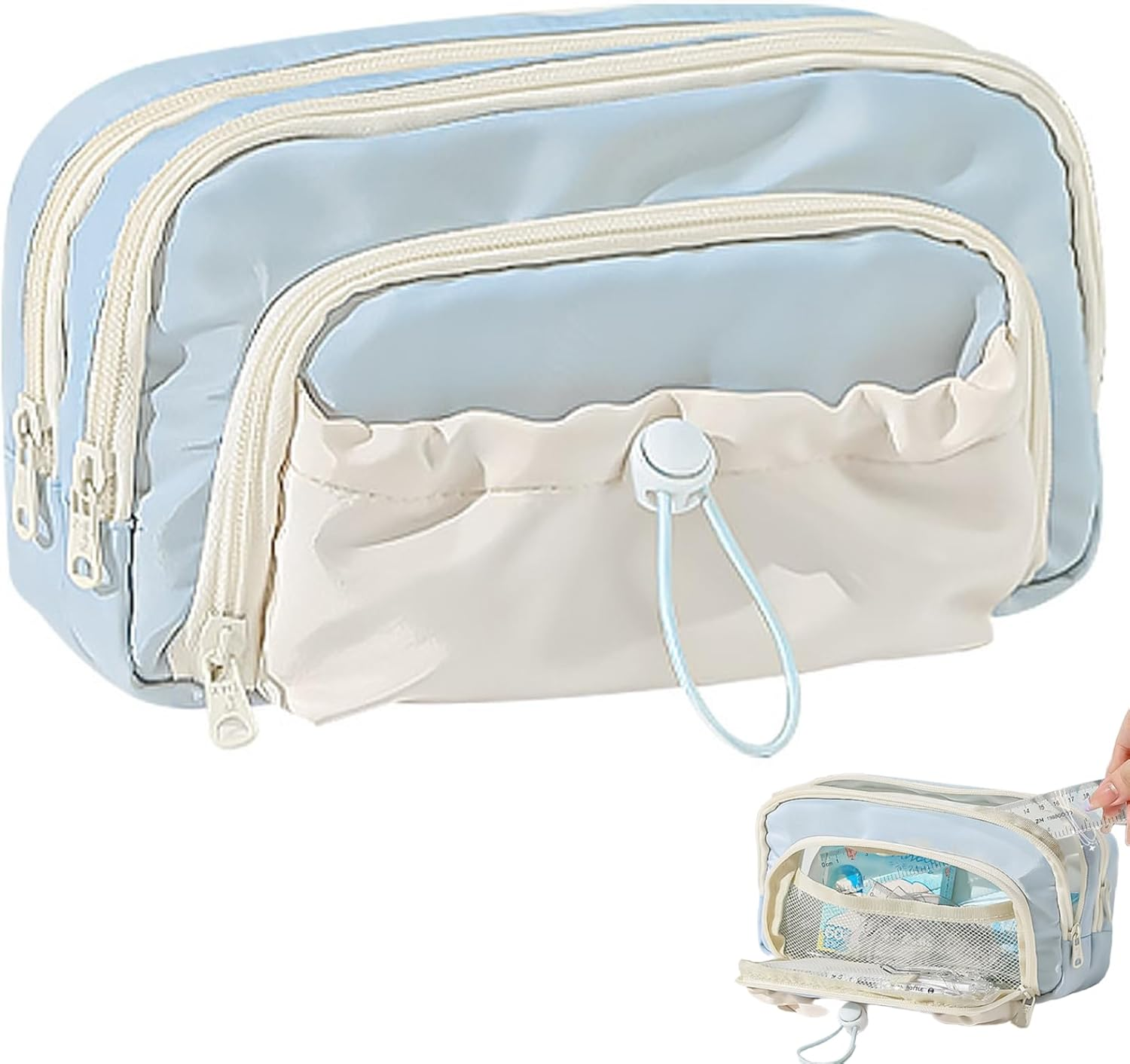 Kawaii Pencil Case, Aesthetic Pencil Case 8.27X5.12X3.94 Large Capacity Pencil Pouch Simply Style Kawaii Pencil Case Blue Pencil Pouch with Zipper Fabric Pencil Bag for Students, Pencil Case image number 2