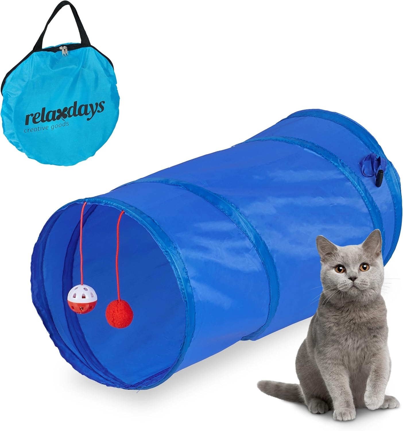 Relaxdays Cat Tunnel Foldable W X D: Approx. 48 X 26 Cm, Cat Tube with Toy and Bag, Interactive Play Tunnel, Grey