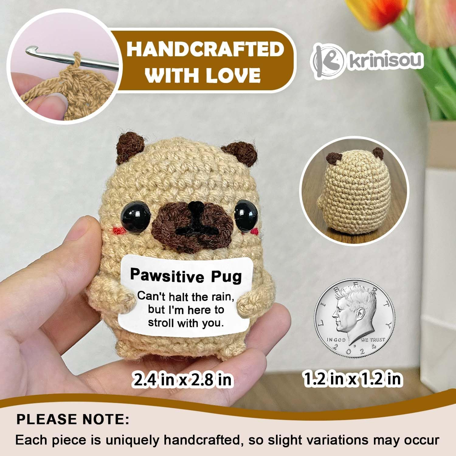 Pug Gifts for Pug Lovers, Positive Crochet Animals Dog, Mini Cute Pug Decor, Inspirational Encouragement Thinking of You Gifts for Women Best Friends image number 2