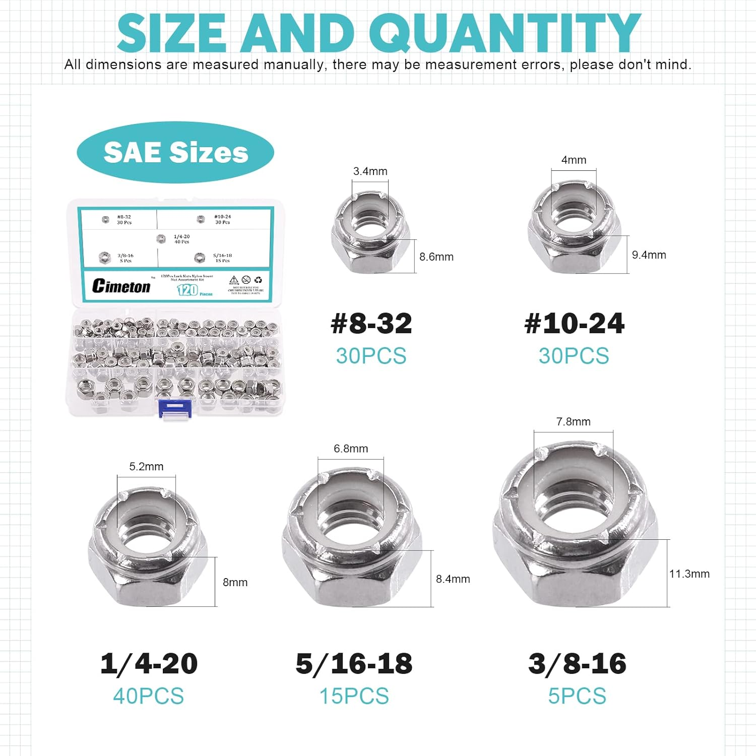 120Pcs 1/4-20 5/16-18 3/8-16 8-32 10-24 Hex Lock Nuts Nylon Inserted Hex Locknuts Fasteners 304 Stainless Steel Assortment Kit image number 5
