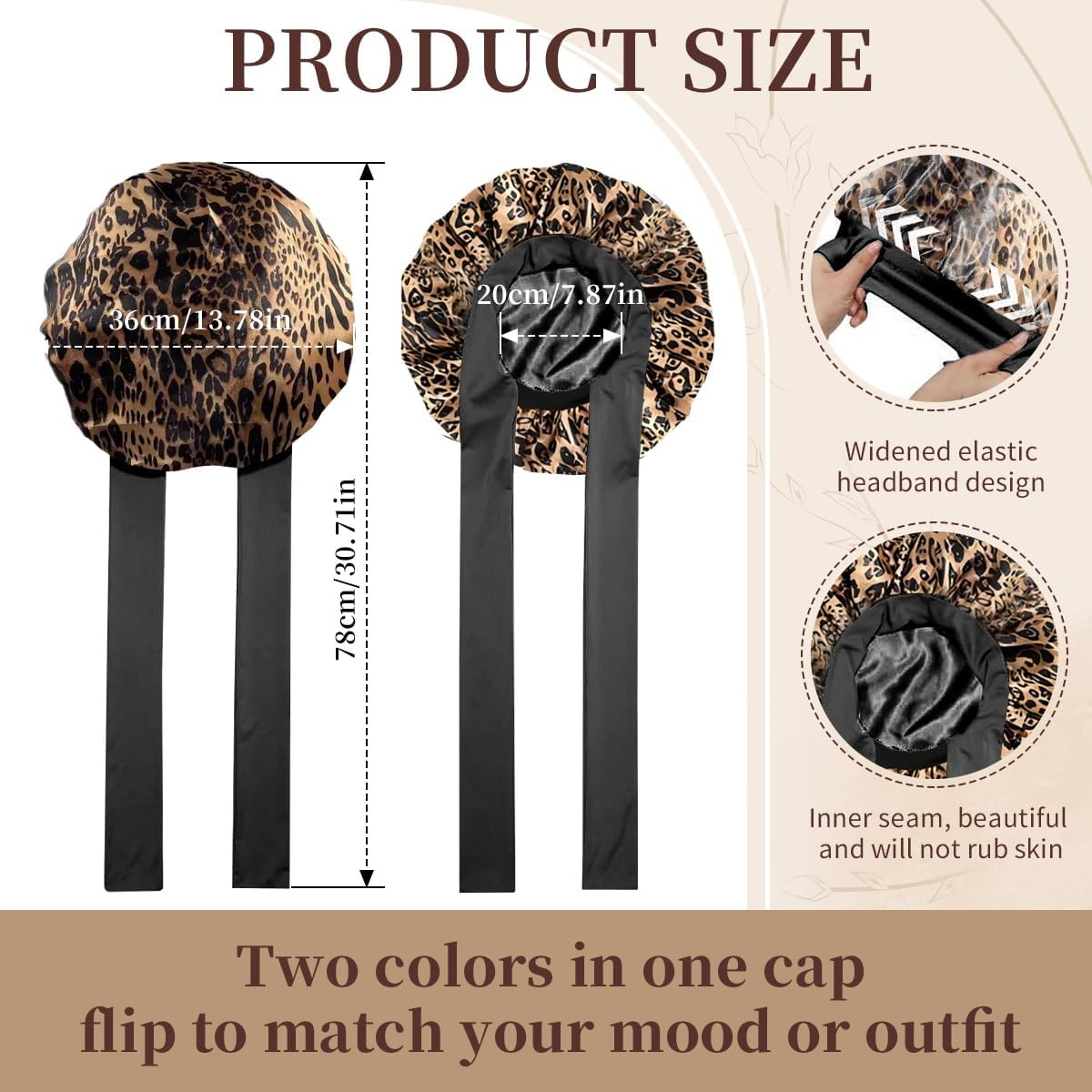 Novvia Silk-Like Satin Sleep Cap &ndash; Double-Layer Reversible Bonnet for Sleeping, Anti-Frizz Protection for Curly Hair, Smooth and Breathable Sleeping Cap for Night Use-Leopard Print+Black image number 5