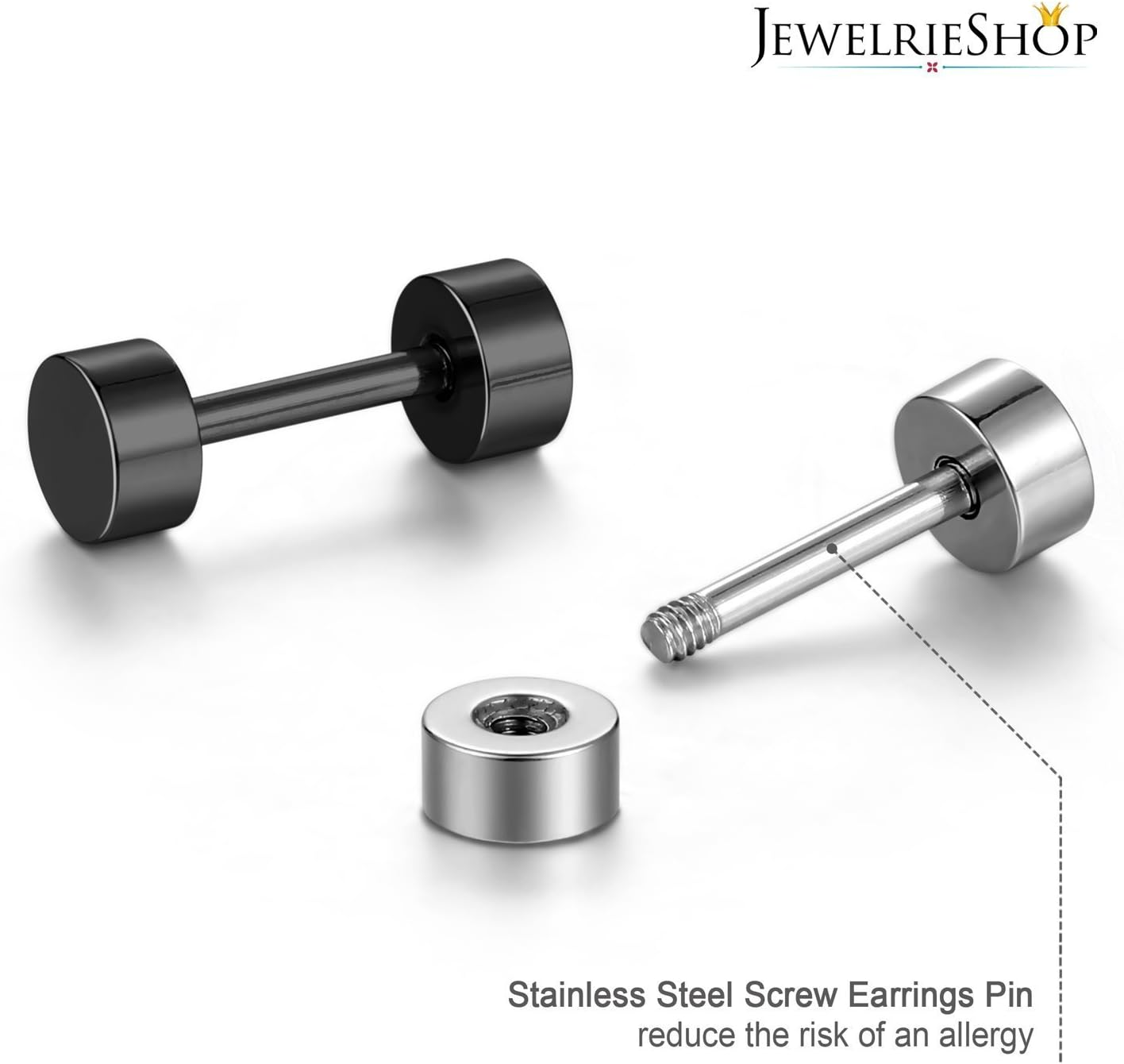 JEWELRIESHOP Black Earrings Men Dot Studs Fake Gauges Plugs Earring Stainless Steel Circle Disc Flat Back Cheater Tunnel Dumbbell Earrings Women (18G,2 Pairs,3Mm-14Mm,Black and Silver) image number 5