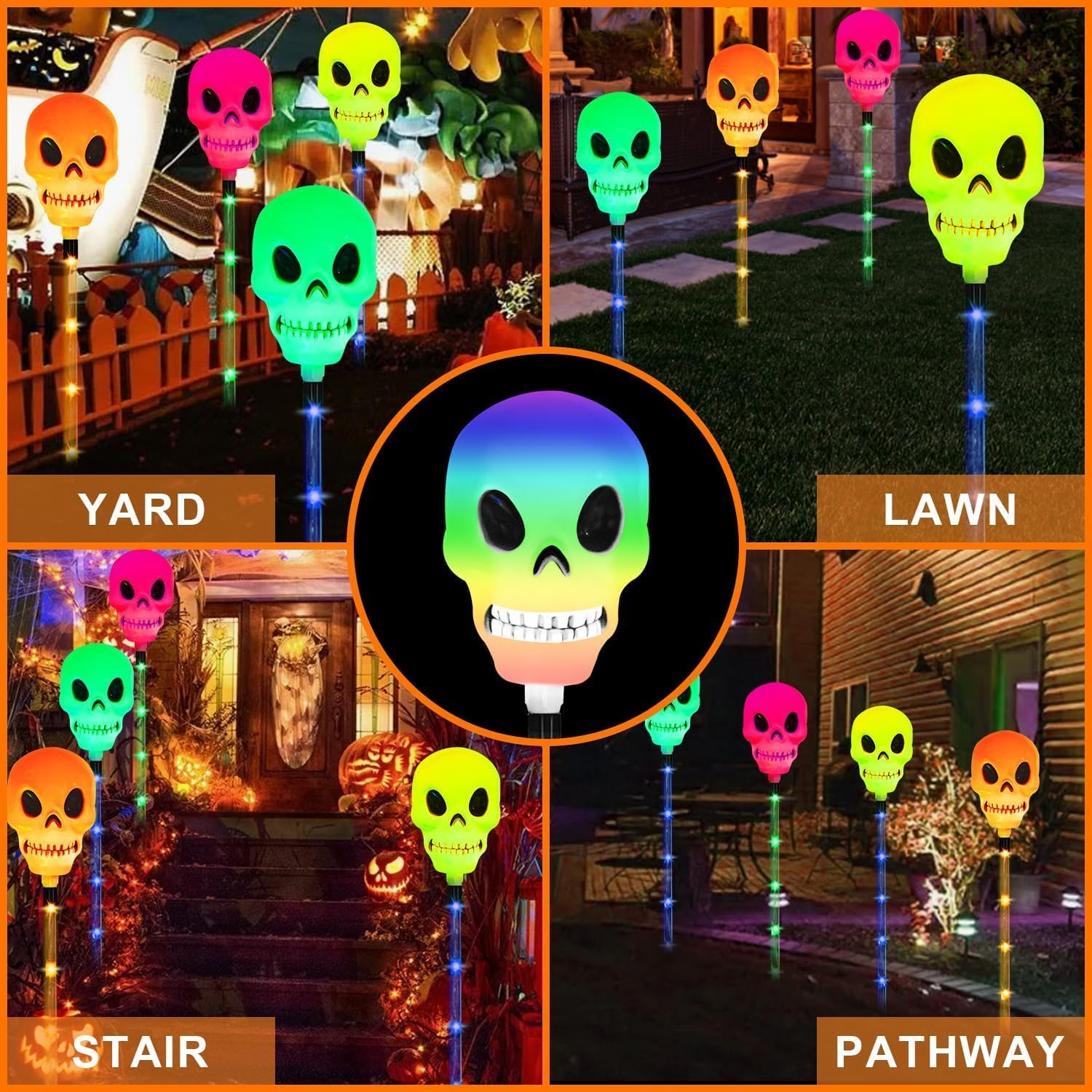 XIJUAN Halloween Decor 4-Set Solar Pathways Lights with Multi-Color Waterproof Skeleton Lights for Halloween Decorations Outdoor outside for Yard Garden Walkway Lawn