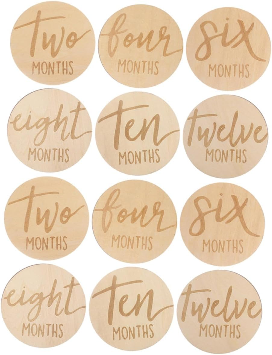 Bestonzon 12 Pcs Wooden Double Sided Monthly Milestone Discs Growth Signs Photo Props Newborn Announcement Cards for Pregnancy Journey and Nursery Decoration image number 6