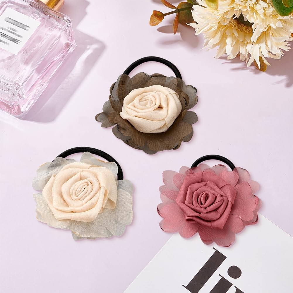 GOMAKERER 9 Pcs Flower Elastic Hair Ties, 3 Colors Floral Hair Bows Elastics Rubber Bands Scrunchy Hair Ties for Women Girls Wedding Bridal