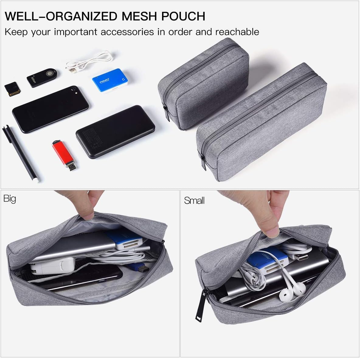 Portable Electronics Accessories Storage Bag, 2PCS Big + Small Carrying Case Travel Cable Organizer Cosmetic Bag Pouch Compatible Hard Drive, Power Bank, Mouse, Laptop Charger, Cellphone, Gray image number 2