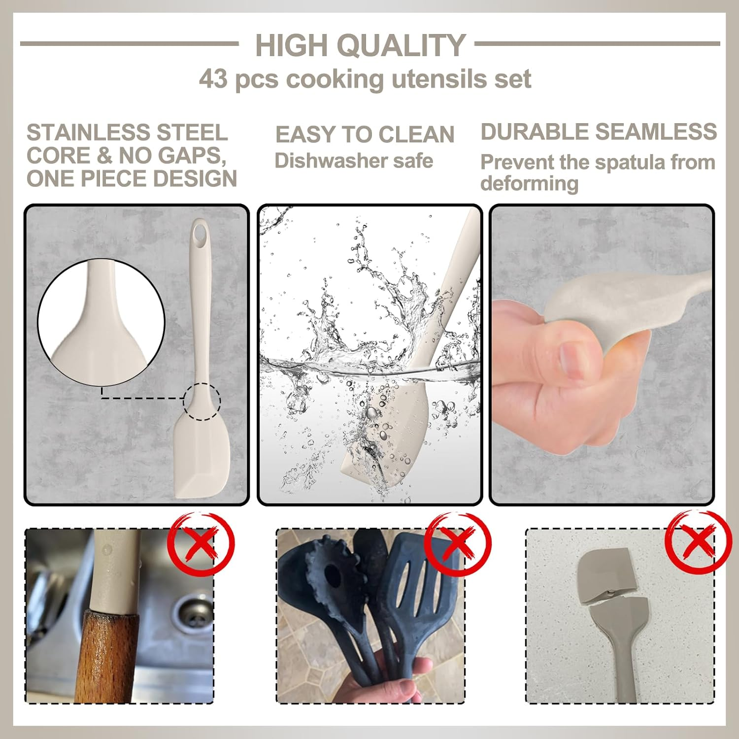 Silicone Kitchen Cooking Utensils Set, AIKKIL 43 Pcs Heat Resistant Khaki Cooking Utensils Set, Turner, Tongs, Spoon, Spatula, Kitchen Gadgets Tools Set for Nonstick Cookware(Dishwasher, BPA Free)