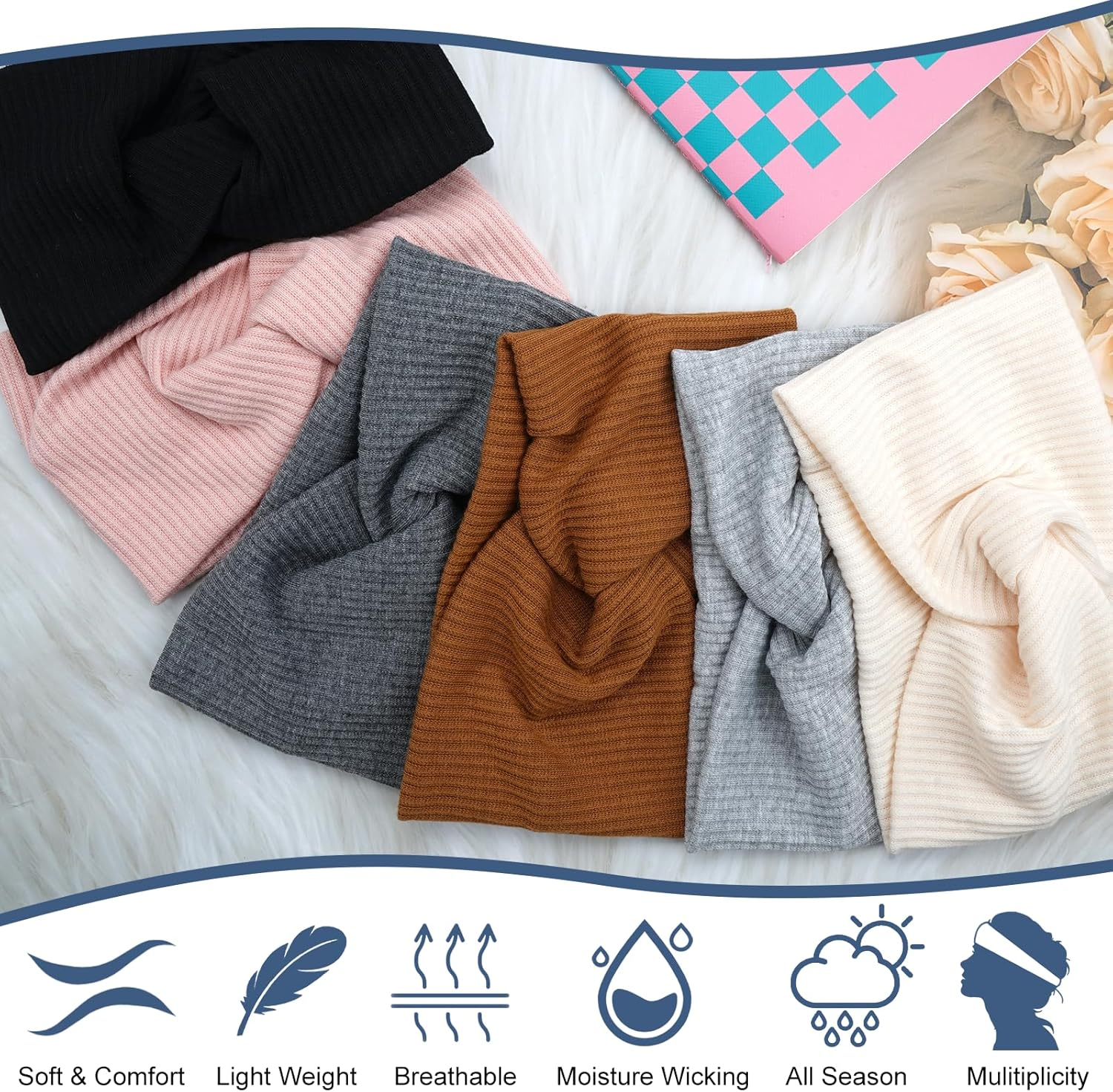 Pack of 6 Headbands Women'S Headband Girls Headband Women'S Winter Soft Elastic Twisted Non-Slip Turban for Short Hair, Yoga, Workout, Running, Sports, Hair Band Multicoloured for Girls Women image number 4